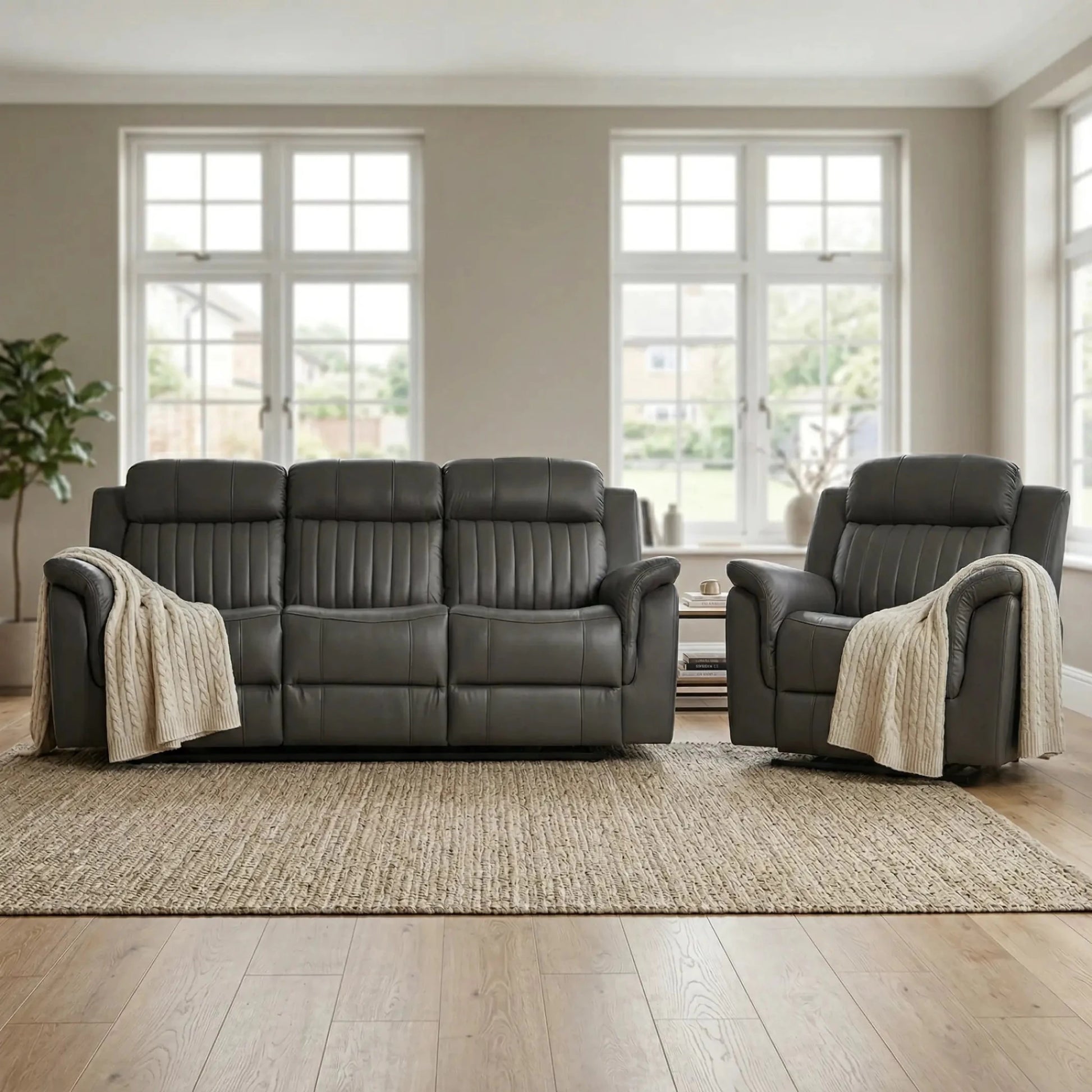 Cidliano Genuine Leather Grey Electric Power Recliner 3+1 Seater Sofa Set - Furniture Instore