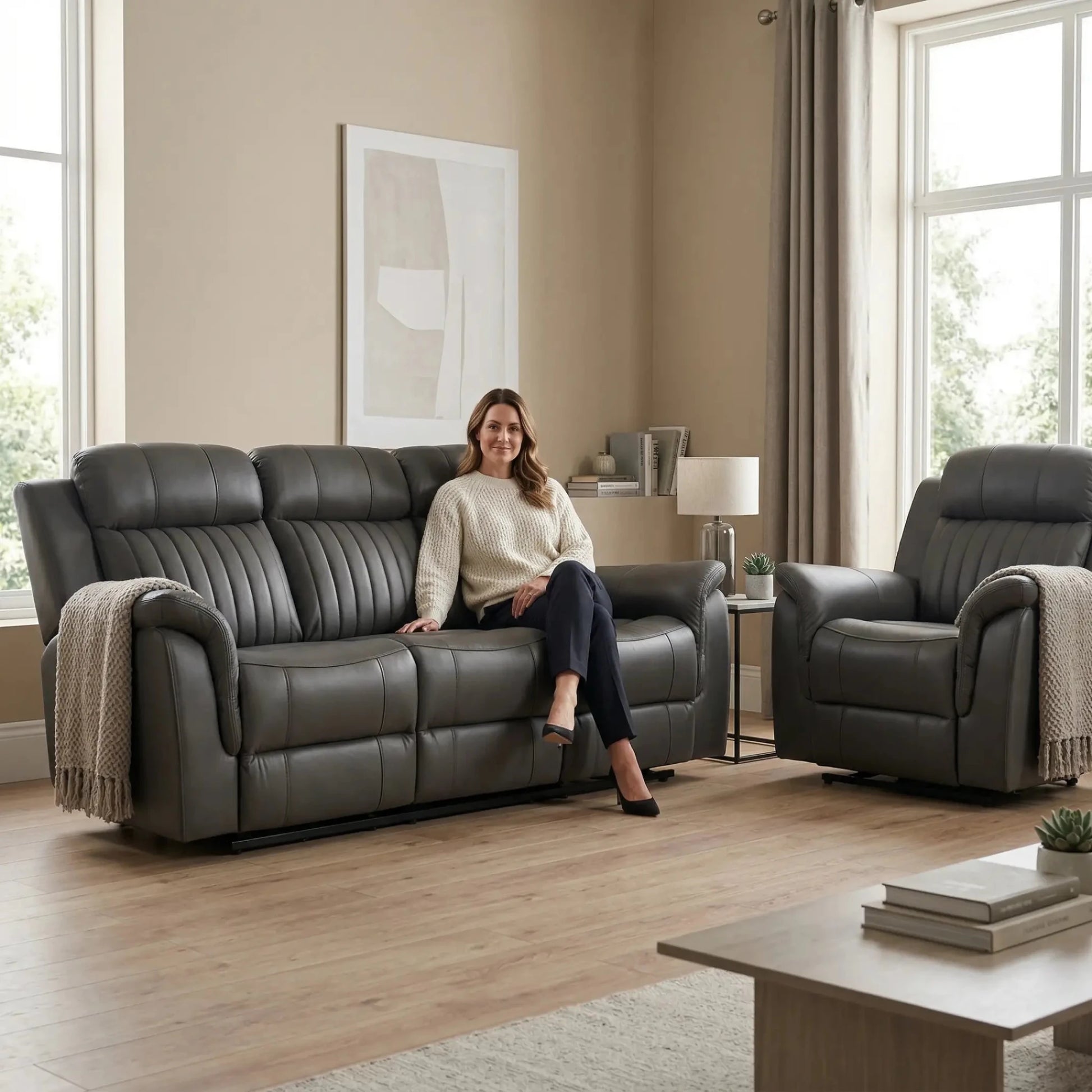 Cidliano Genuine Leather Grey Electric Power Recliner 3+1 Seater Sofa Set - Furniture Instore