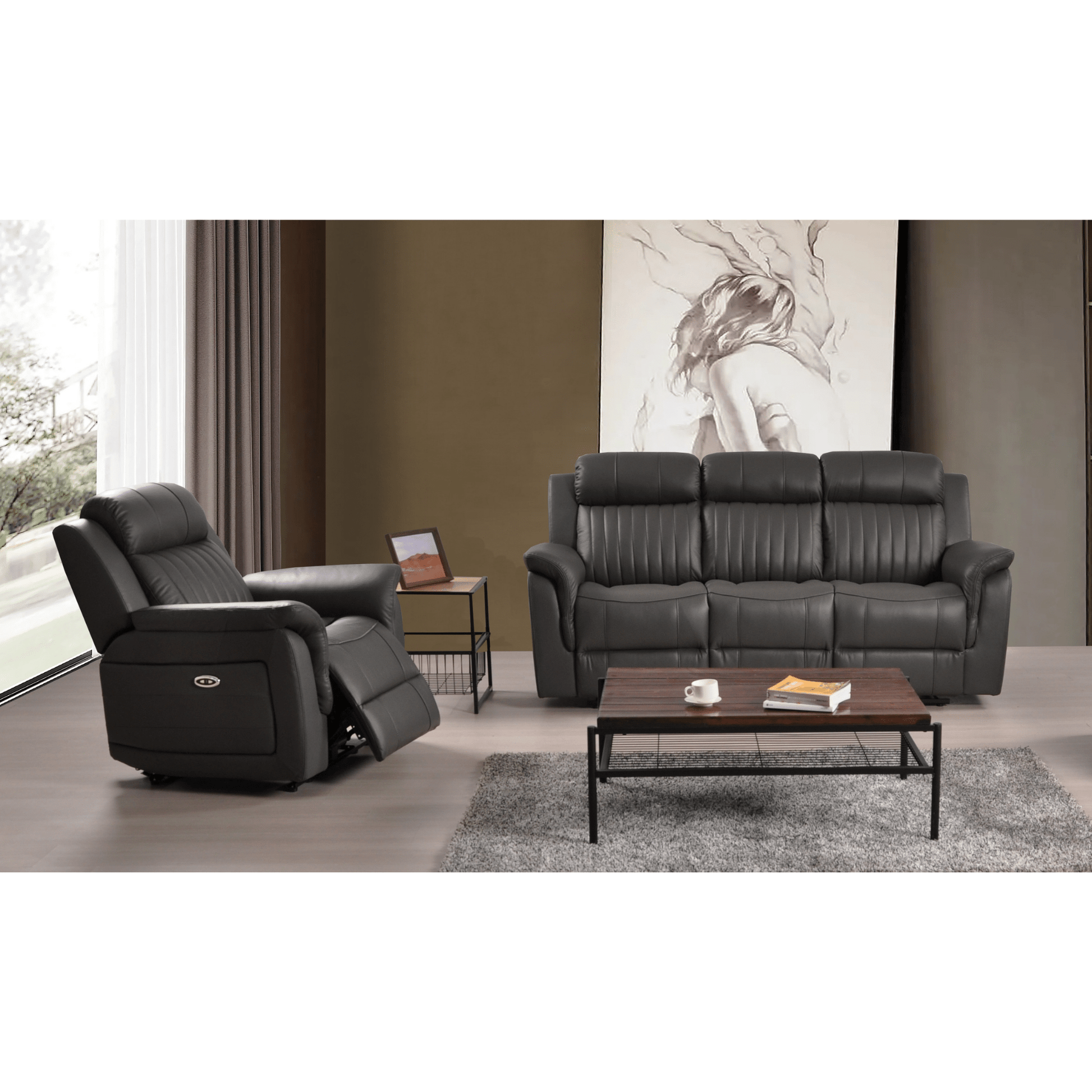 Cidliano Genuine Leather Grey Electric Power Recliner 3+1 Seater Sofa Set - Furniture Instore