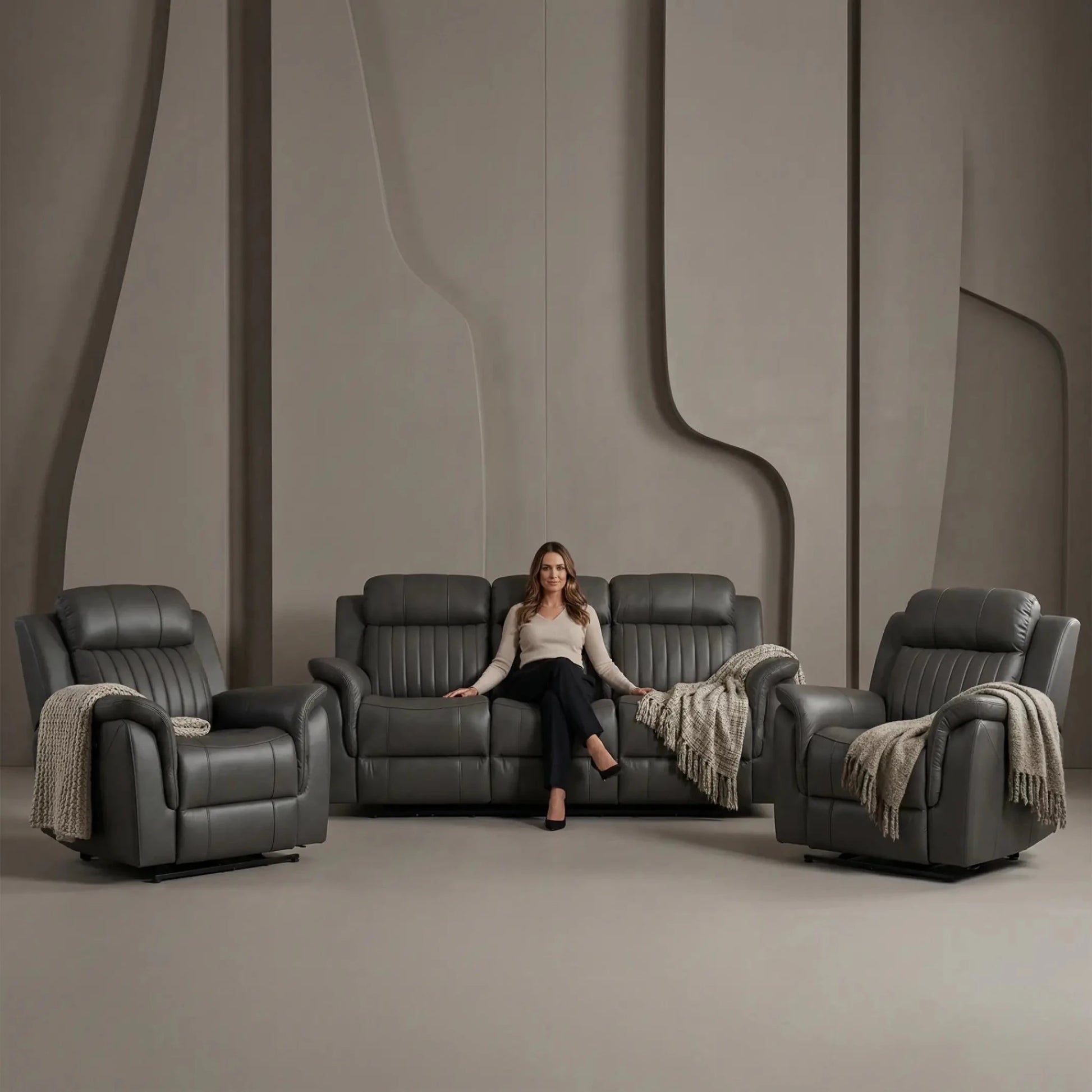 Cidliano Genuine Leather Grey Electric Power Recliner 3+1+1 Seater Sofa Set - Furniture Instore
