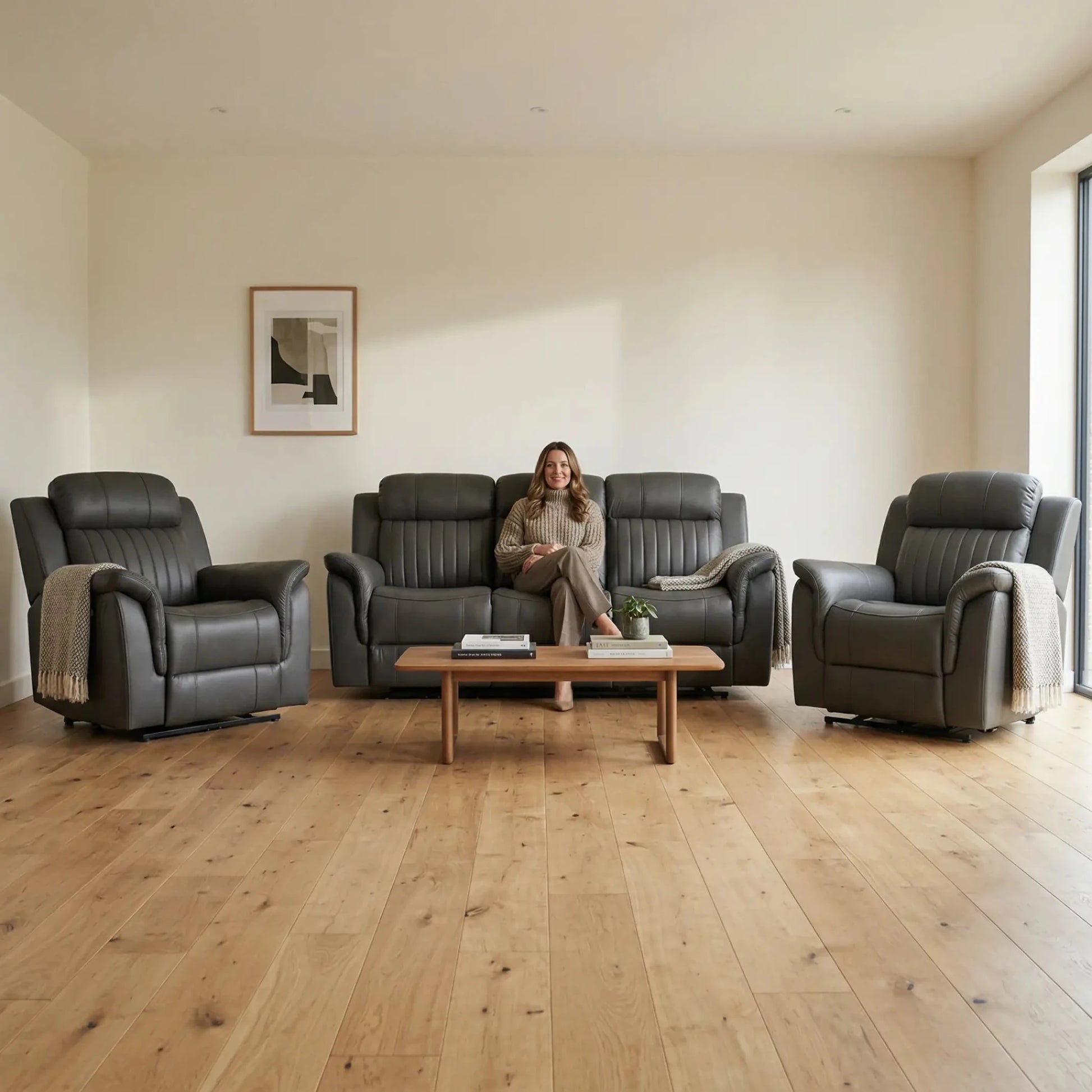 Cidliano Genuine Leather Grey Electric Power Recliner 3+1+1 Seater Sofa Set - Furniture Instore