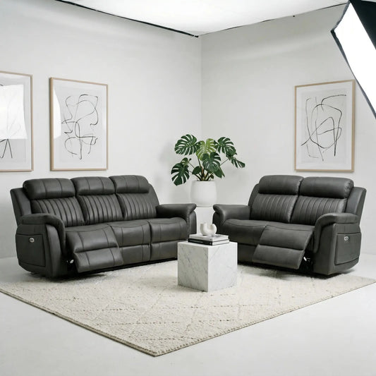 Cidliano Genuine Leather Grey Electric Power Recliner 3+2 Seater Sofa Set - Furniture Instore