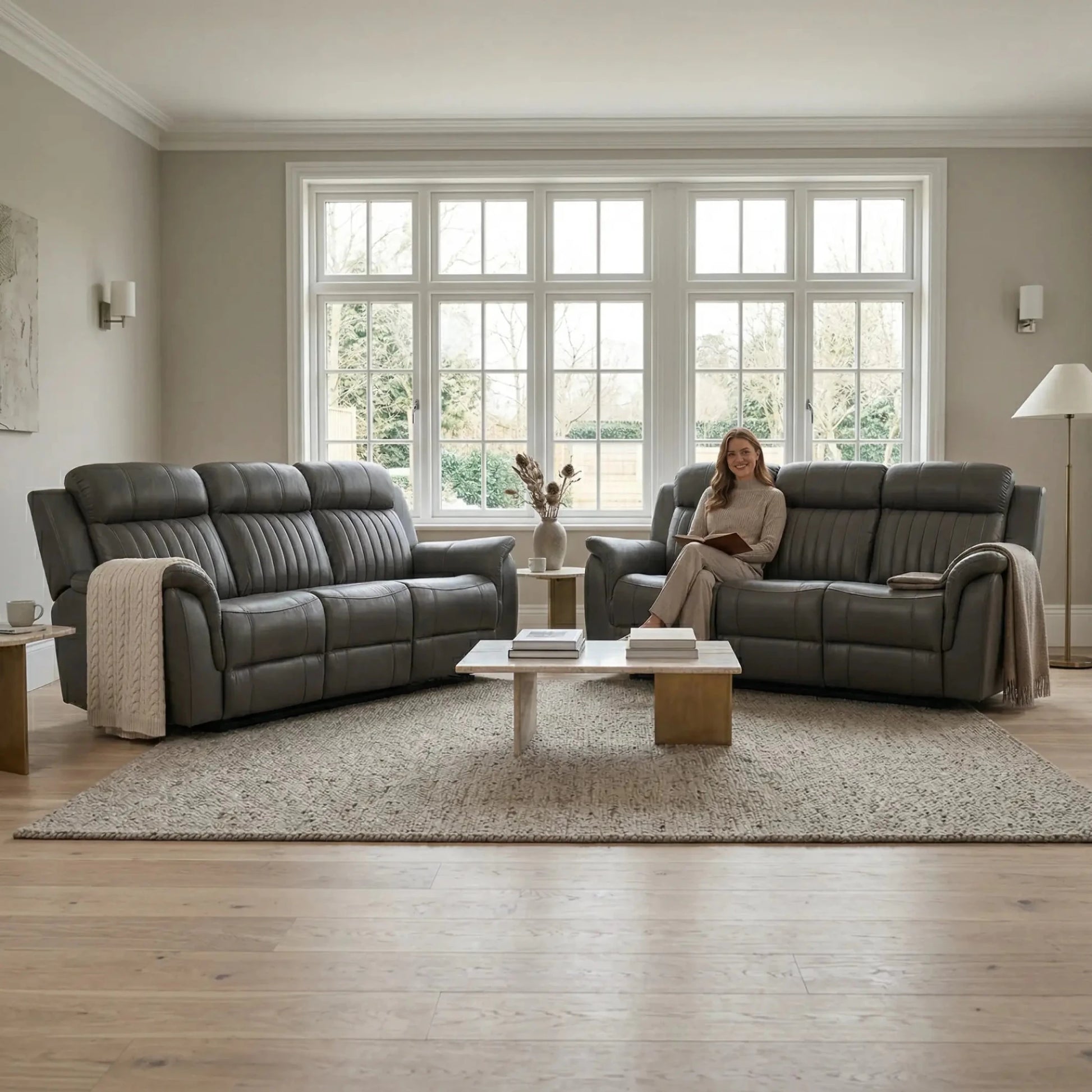 Cidliano Genuine Leather Grey Electric Power Recliner 3+3 Seater Sofa Set - Furniture Instore