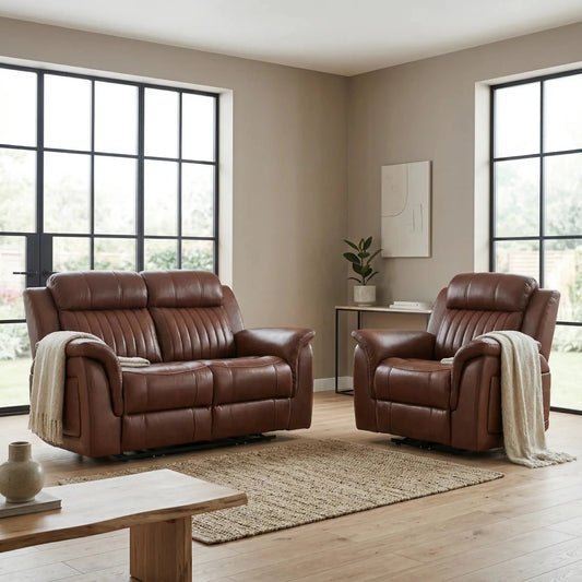 Cidliano Genuine Leather Tan Electric Power Recliner 2+1 Seater Sofa Set - Furniture Instore