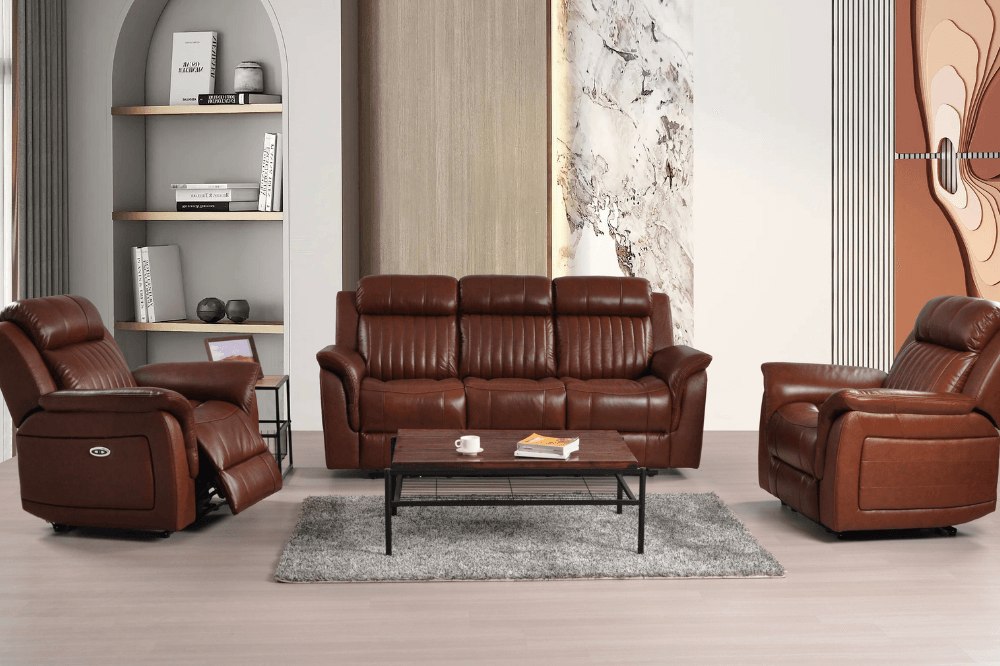 Cidliano Genuine Leather Tan Electric Power Recliner 3+1+1 Seater Sofa Set