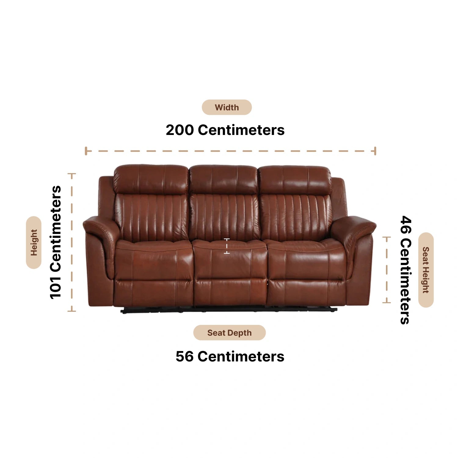 Cidliano Genuine Leather Tan Electric Power Recliner 3 Seater Sofa - Furniture Instore