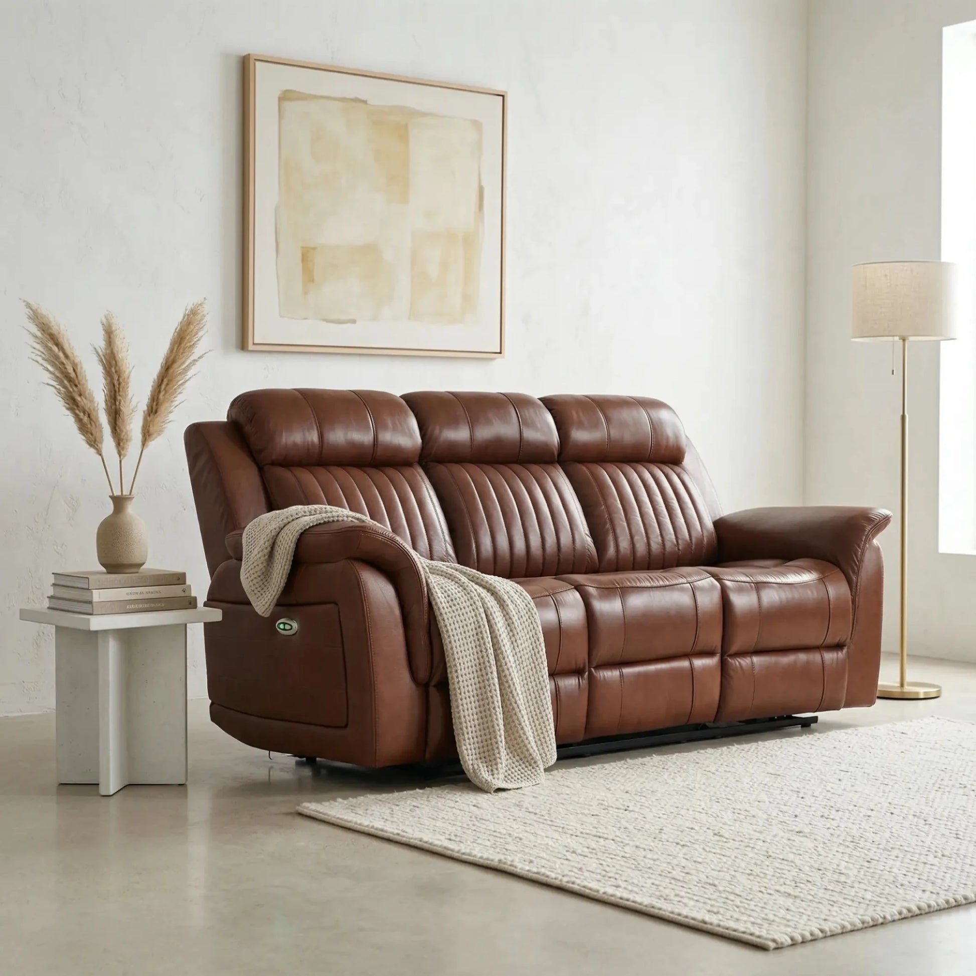 Cidliano Genuine Leather Tan Electric Power Recliner 3 Seater Sofa - Furniture Instore