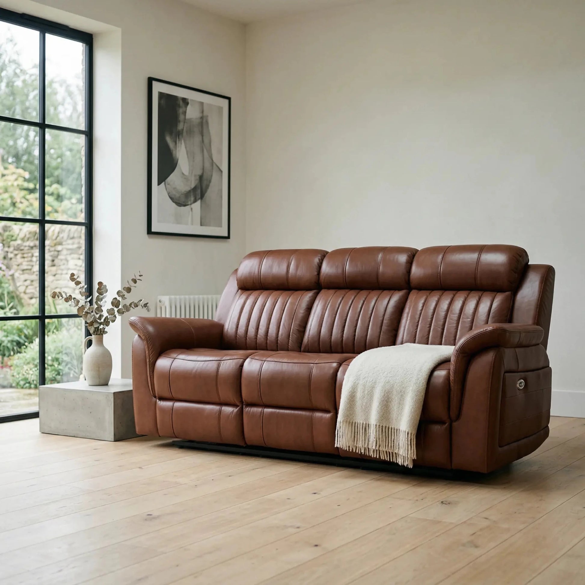 Cidliano Genuine Leather Tan Electric Power Recliner 3 Seater Sofa - Furniture Instore