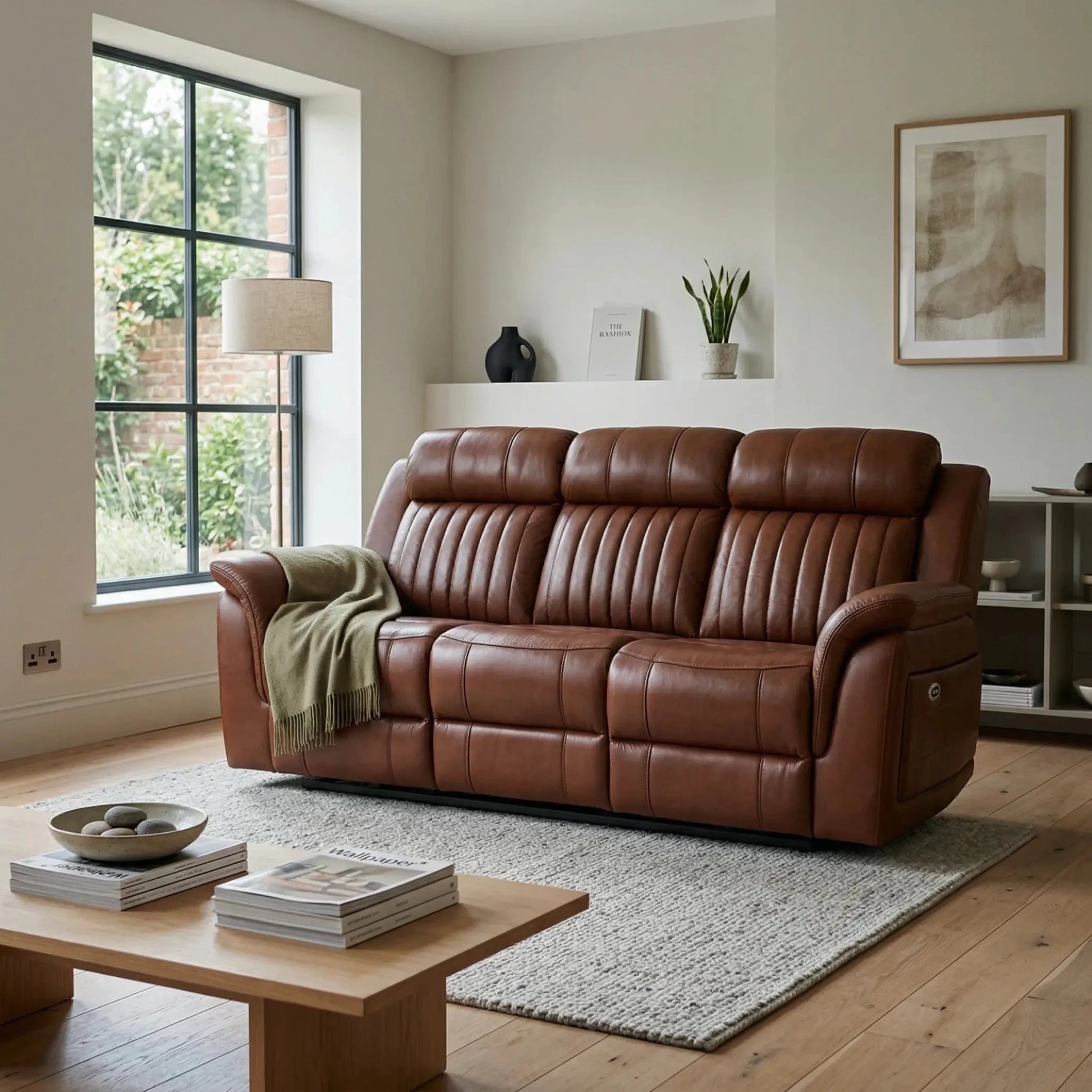 Cidliano Genuine Leather Tan Electric Power Recliner 3 Seater Sofa - Furniture Instore