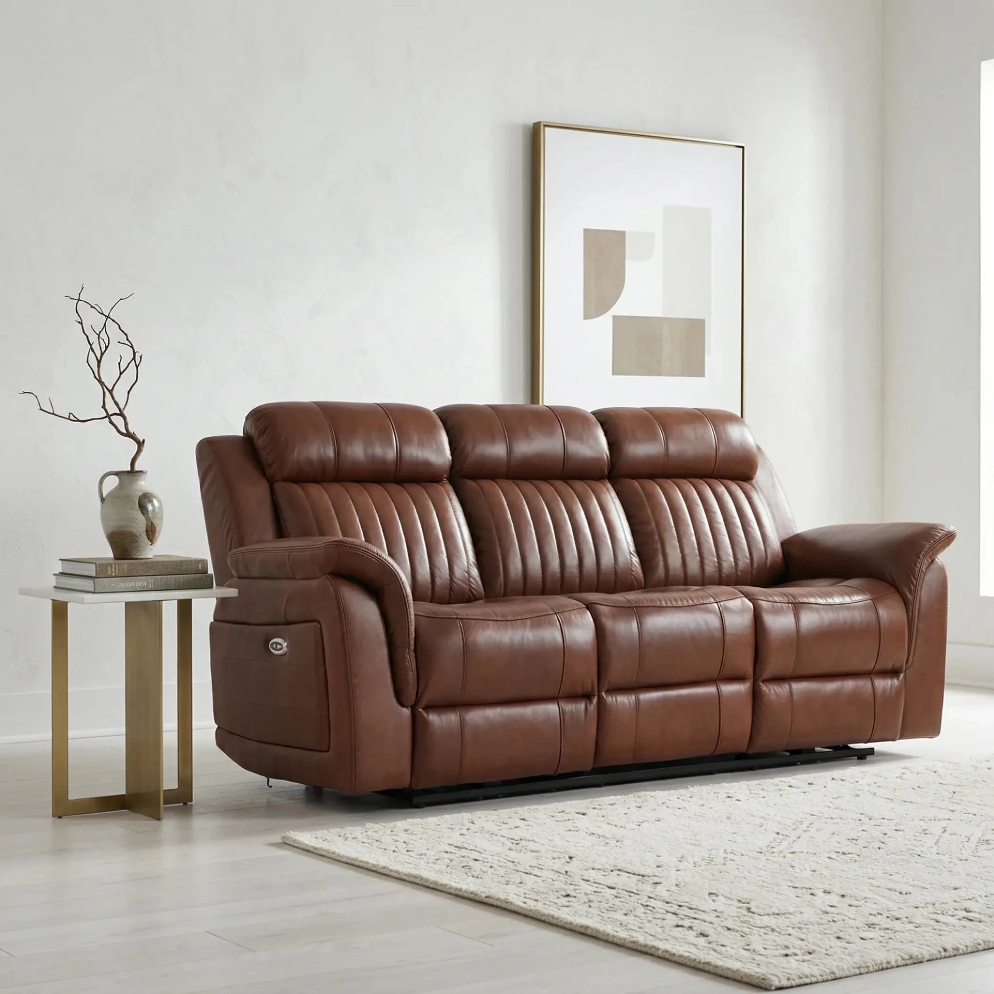 Cidliano Genuine Leather Tan Electric Power Recliner 3 Seater Sofa - Furniture Instore