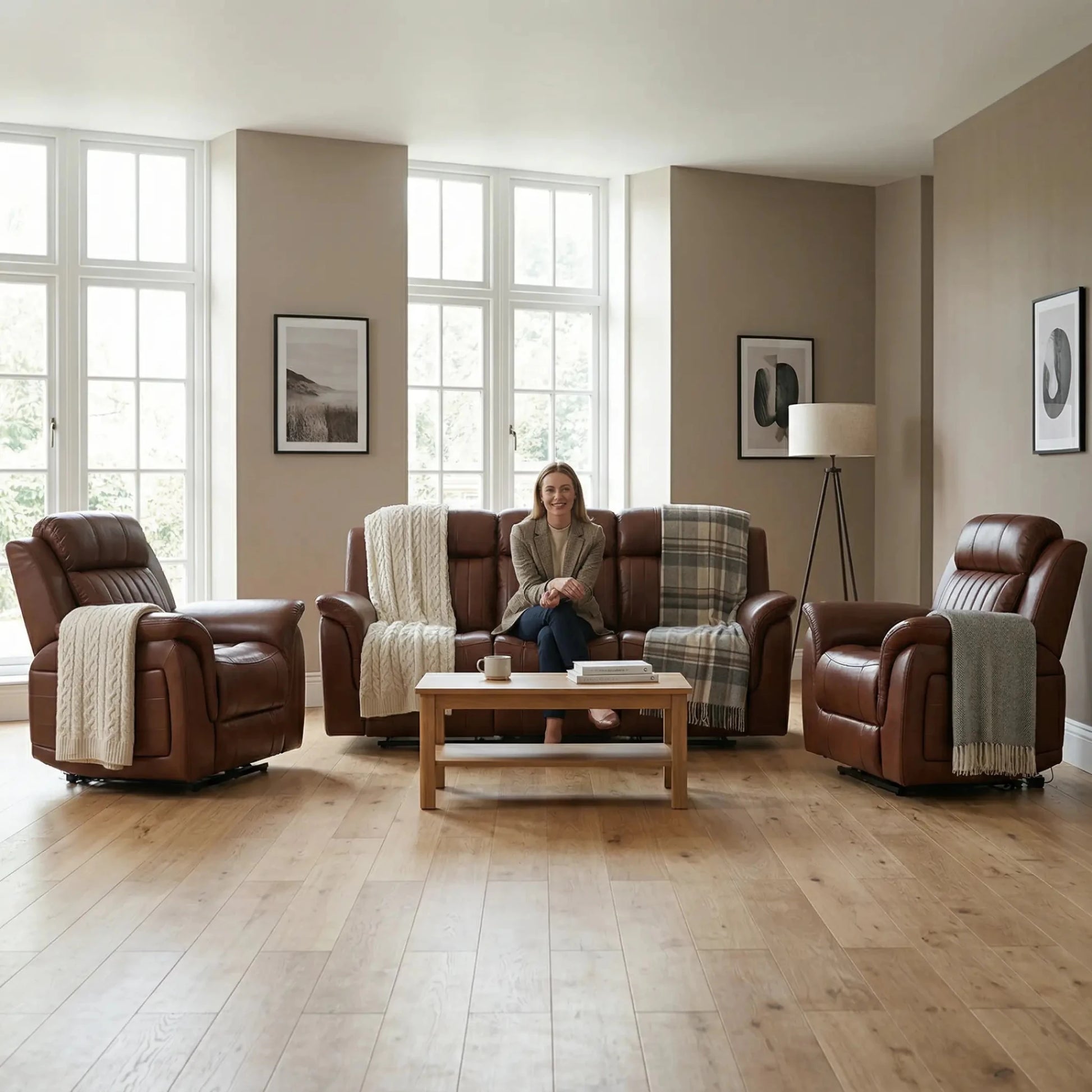 Cidliano Genuine Leather Tan Electric Power Recliner 3+1+1 Seater Sofa Set - Furniture Instore