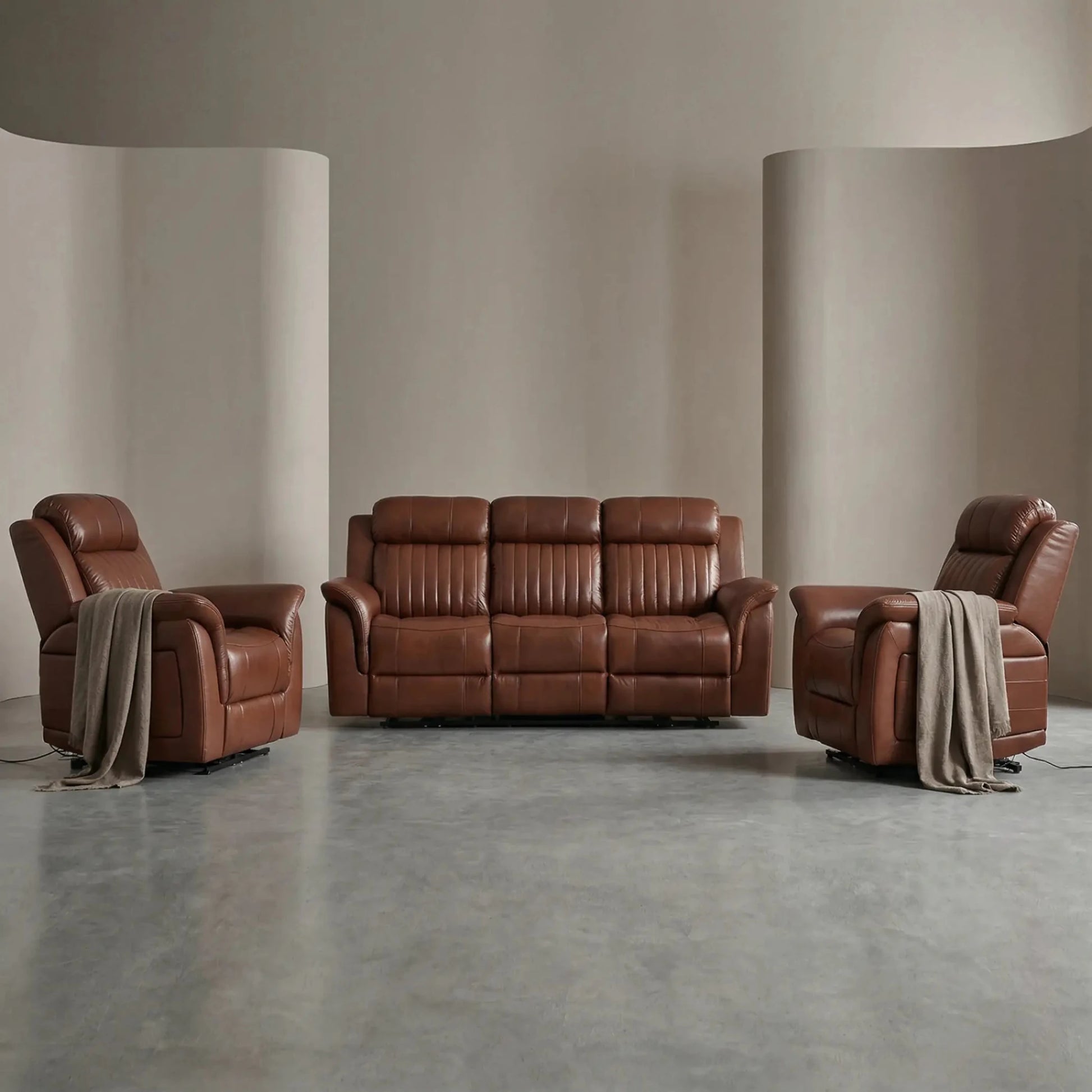 Cidliano Genuine Leather Tan Electric Power Recliner 3+1+1 Seater Sofa Set - Furniture Instore