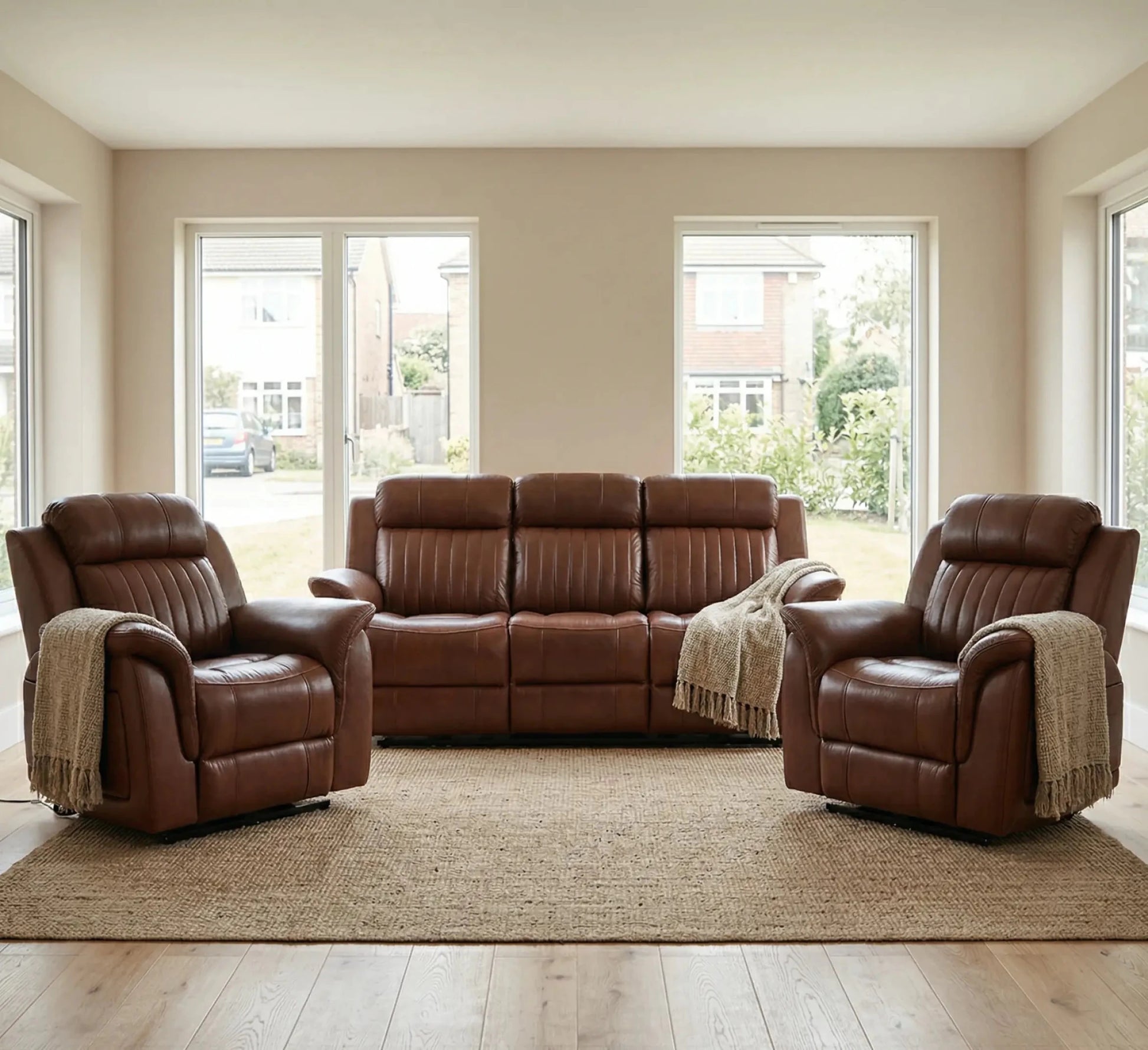Cidliano Genuine Leather Tan Electric Power Recliner 3+1+1 Seater Sofa Set - Furniture Instore