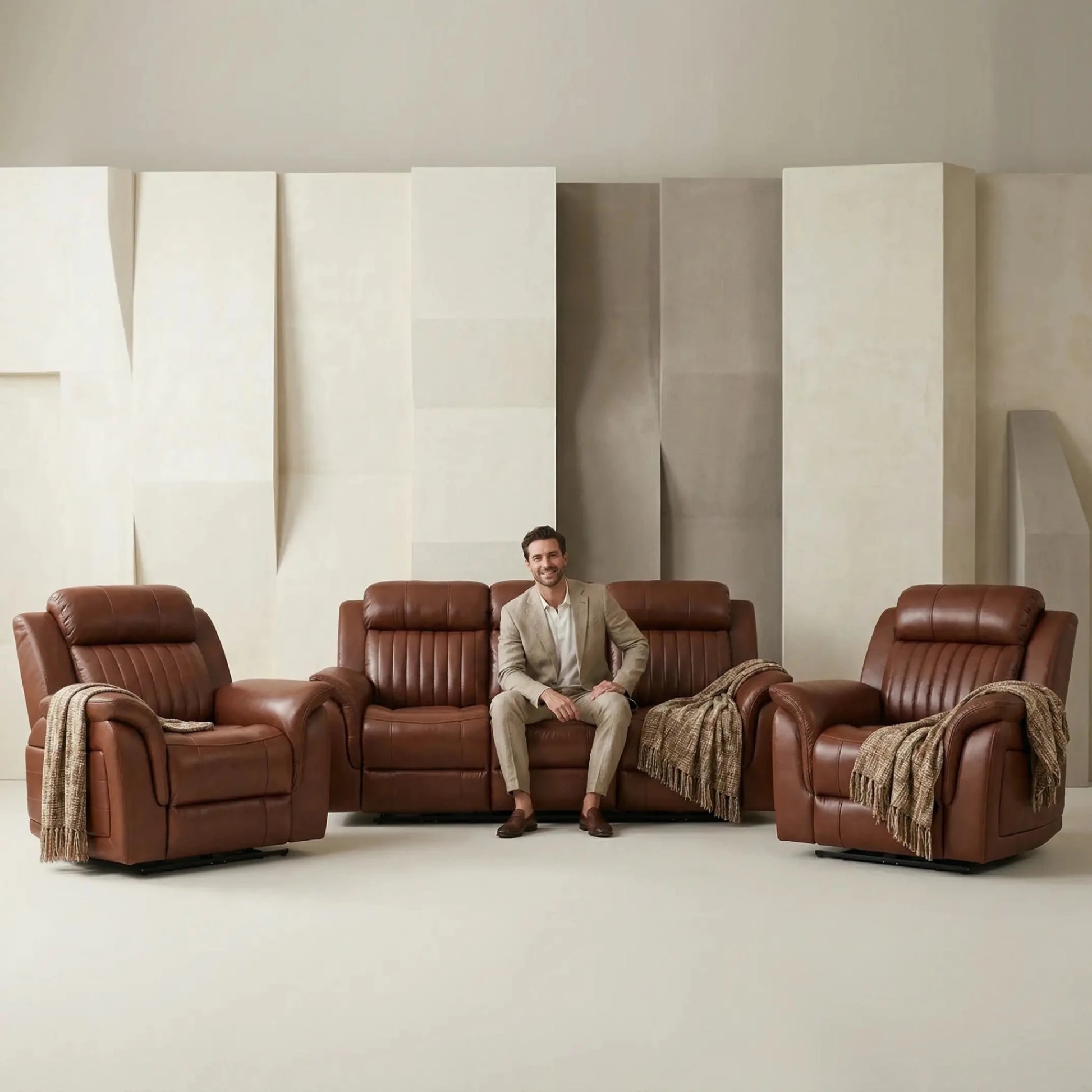 Cidliano Genuine Leather Tan Electric Power Recliner 3+1+1 Seater Sofa Set - Furniture Instore