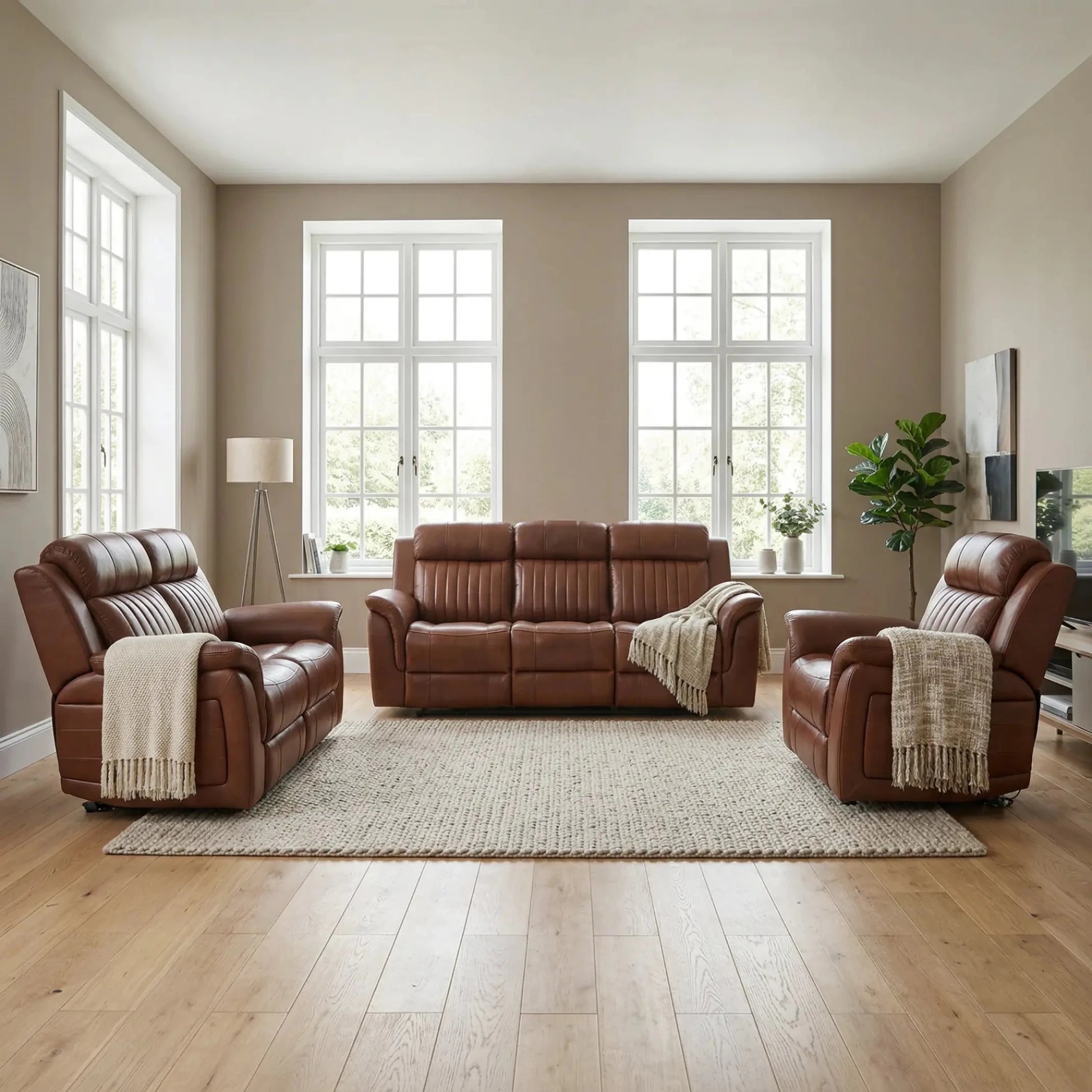 Cidliano Genuine Leather Tan Electric Power Recliner 3+2+1 Seater Sofa Set - Furniture Instore