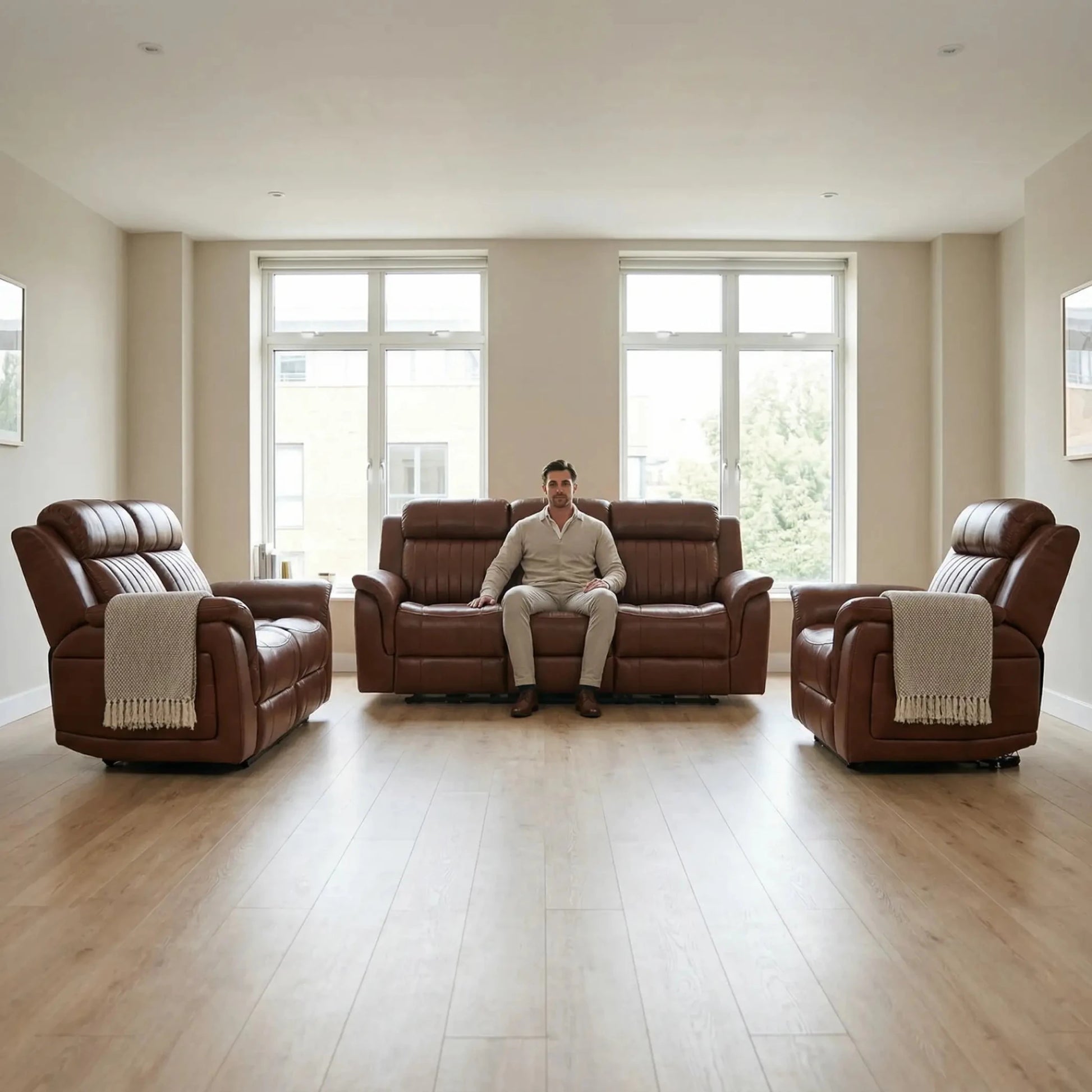 Cidliano Genuine Leather Tan Electric Power Recliner 3+2+1 Seater Sofa Set - Furniture Instore