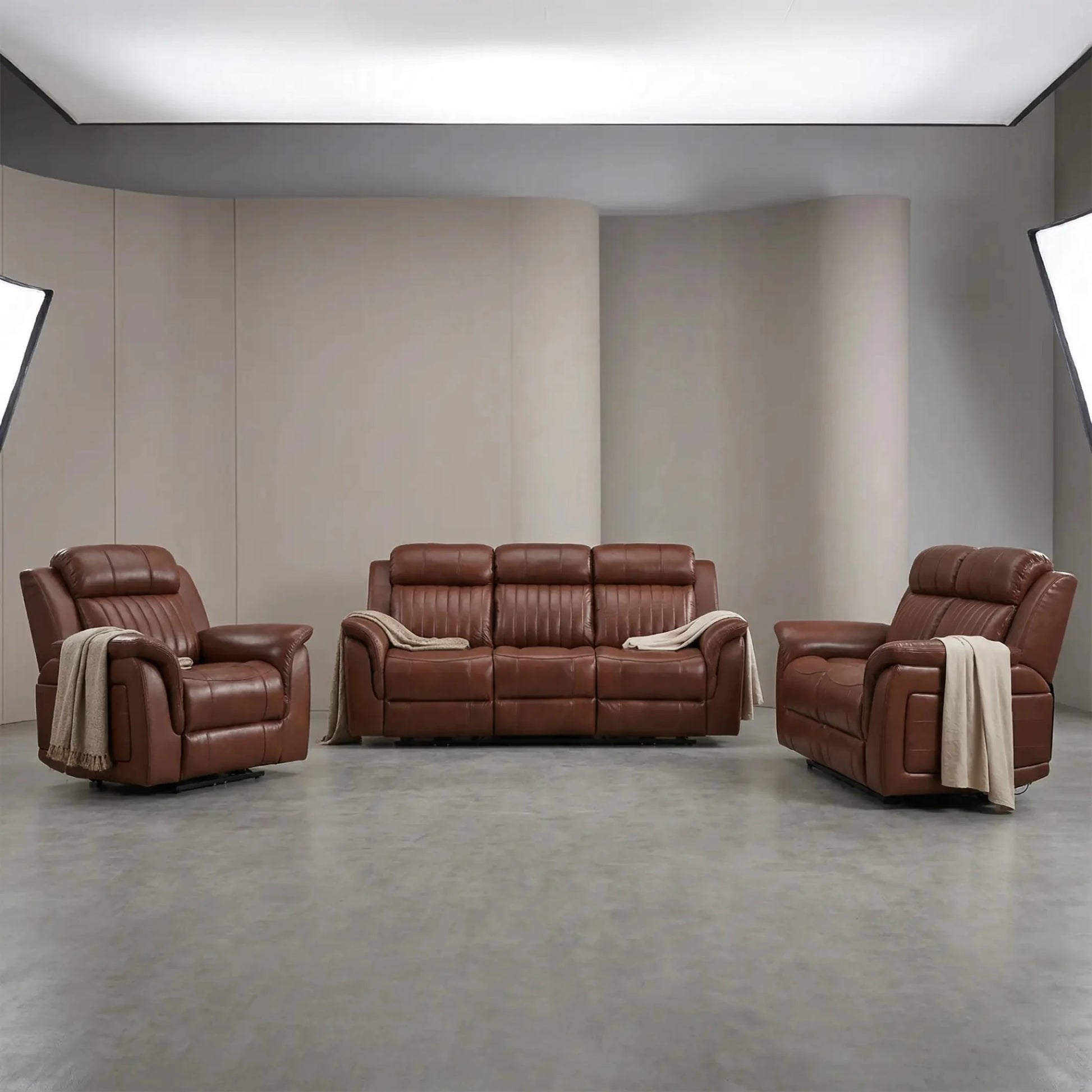 Cidliano Genuine Leather Tan Electric Power Recliner 3+2+1 Seater Sofa Set - Furniture Instore