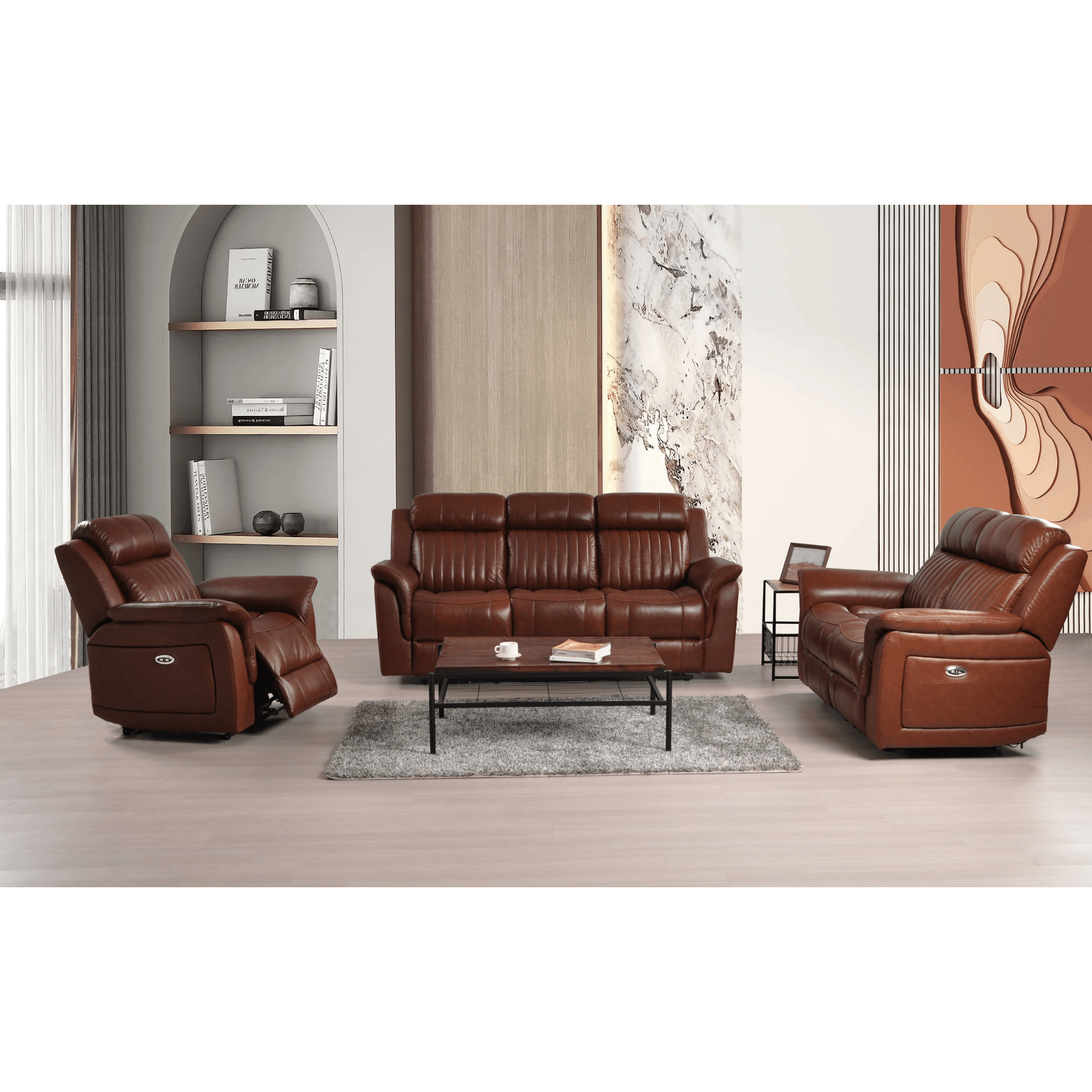 Cidliano Tan 3+2+1 Combo – front-facing tan three-seater, two-seater sofa, and armchair in a modern living room setting.