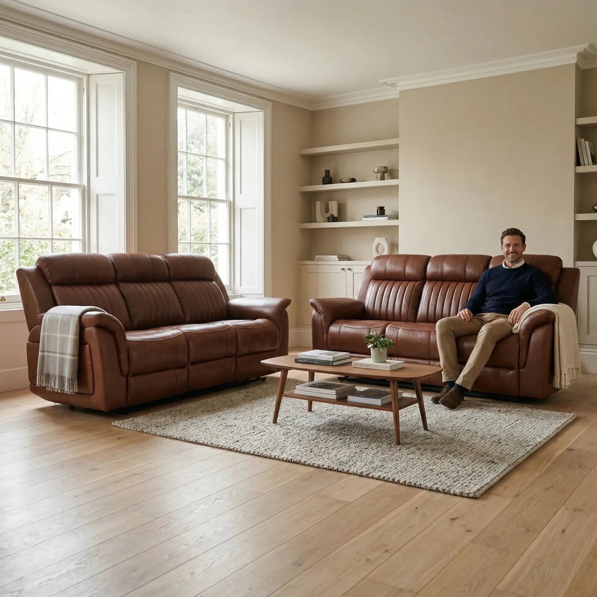 Cidliano Genuine Leather Tan Electric Power Recliner 3+3 Seater Sofa Set - Furniture Instore