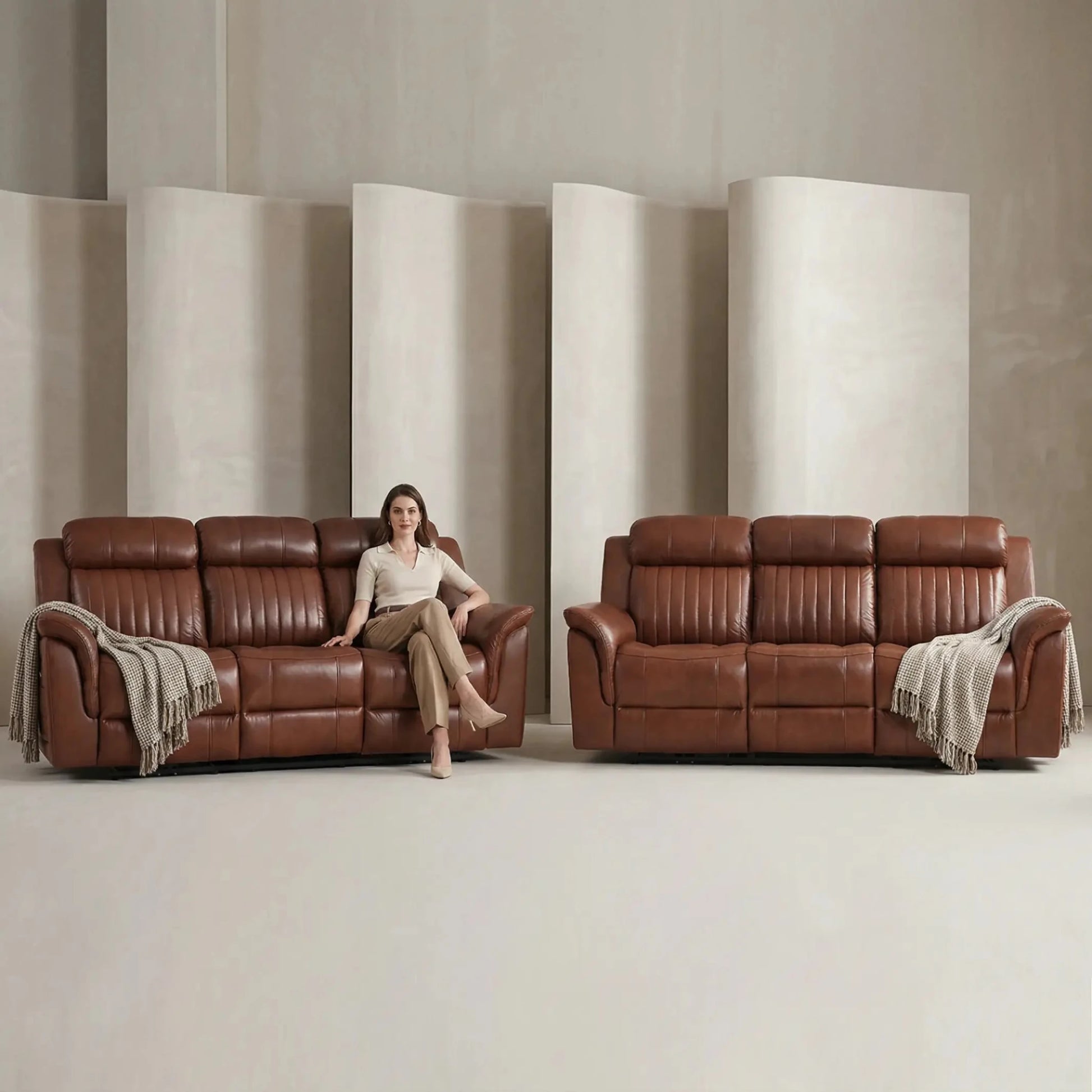 Cidliano Genuine Leather Tan Electric Power Recliner 3+3 Seater Sofa Set - Furniture Instore