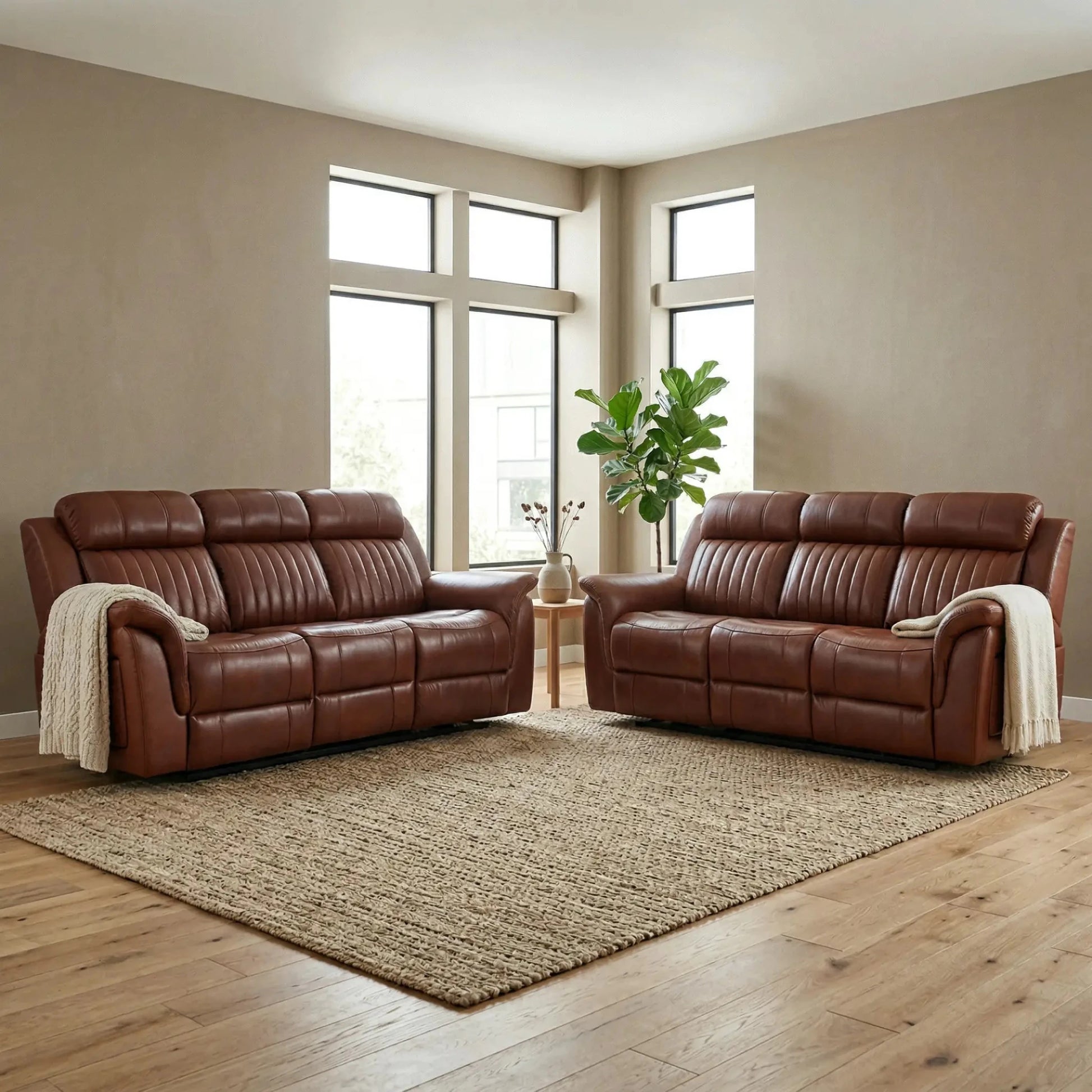 Cidliano Genuine Leather Tan Electric Power Recliner 3+3 Seater Sofa Set - Furniture Instore