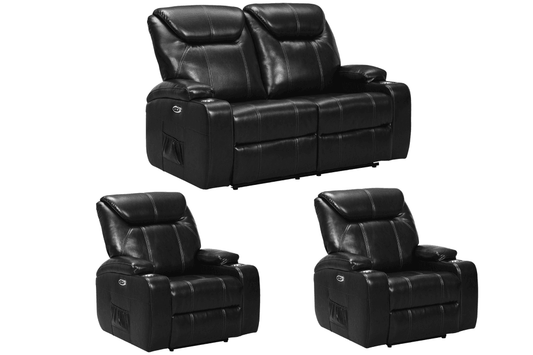 Black leather electric recliner sofa set with 2-seater sofa and two single armchairs (2+1+1), with two cup holders  modern power reclining furniture on white background