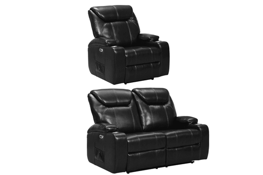 Modern black electric recliner sofa set – 2-seater leather recliner with 2 cup holders and matching armchair (2+1) on white background