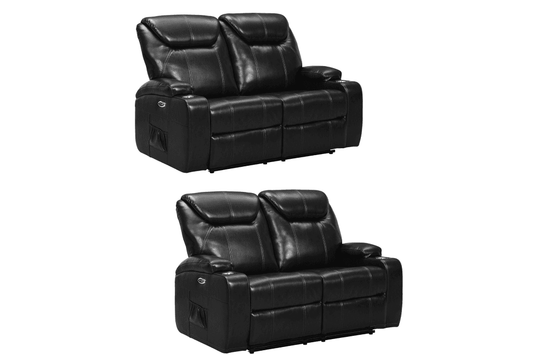 Black leather electric recliner sofa set in 2+2 configuration with two power reclining 2-seatera and built-in cup holders, modern living room furniture on white background.