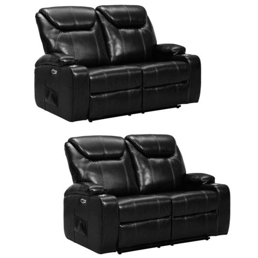 Two black leather recliner sofas on a white background