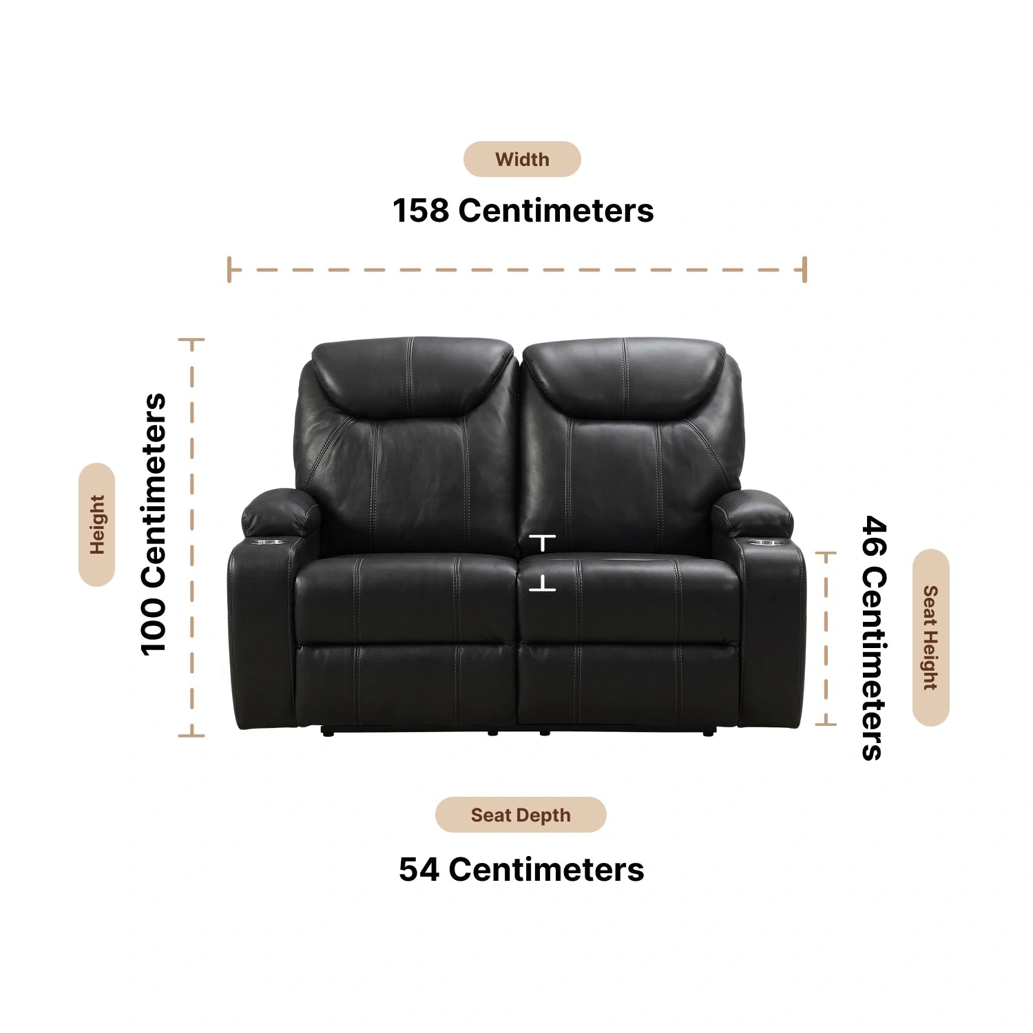 Cinema Black Electric 2 Seater Leather Recliner Sofa With Two Cup Holders Dimensions