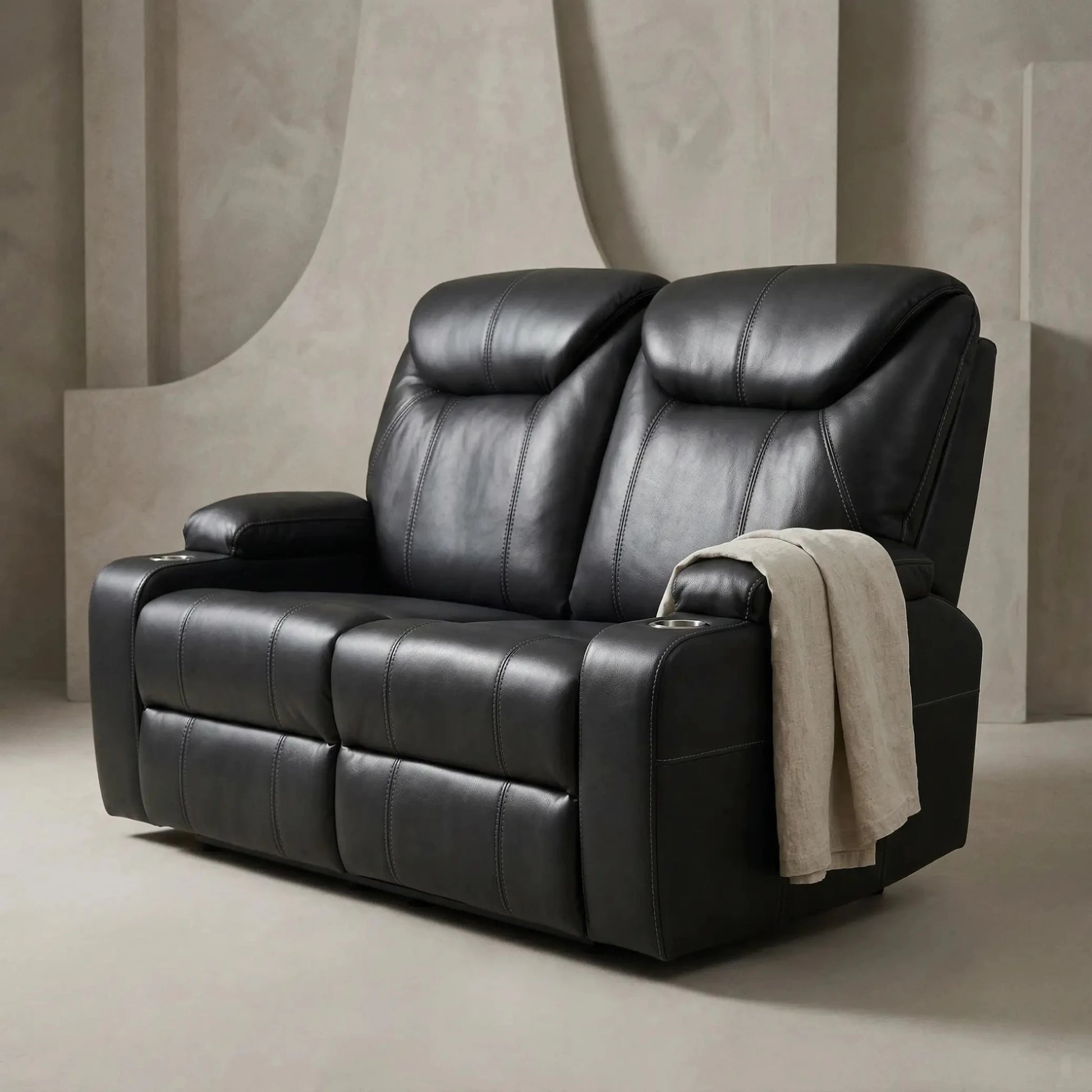 Cinema Black Electric 2 Seater Leather Recliner Sofa With Two Cup Holders - Furniture Instore
