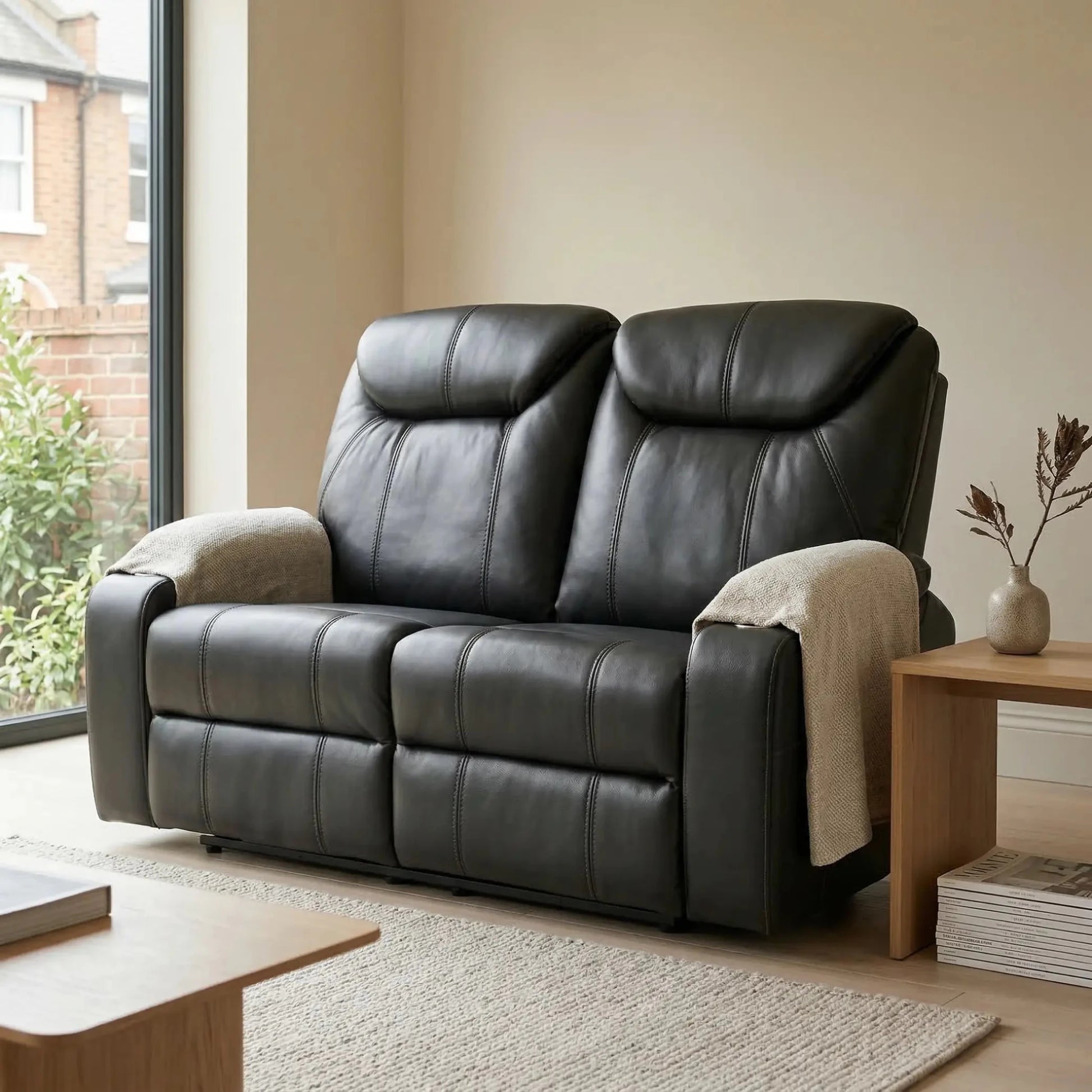 Cinema Black Electric 2 Seater Leather Recliner Sofa With Two Cup Holders - Furniture Instore