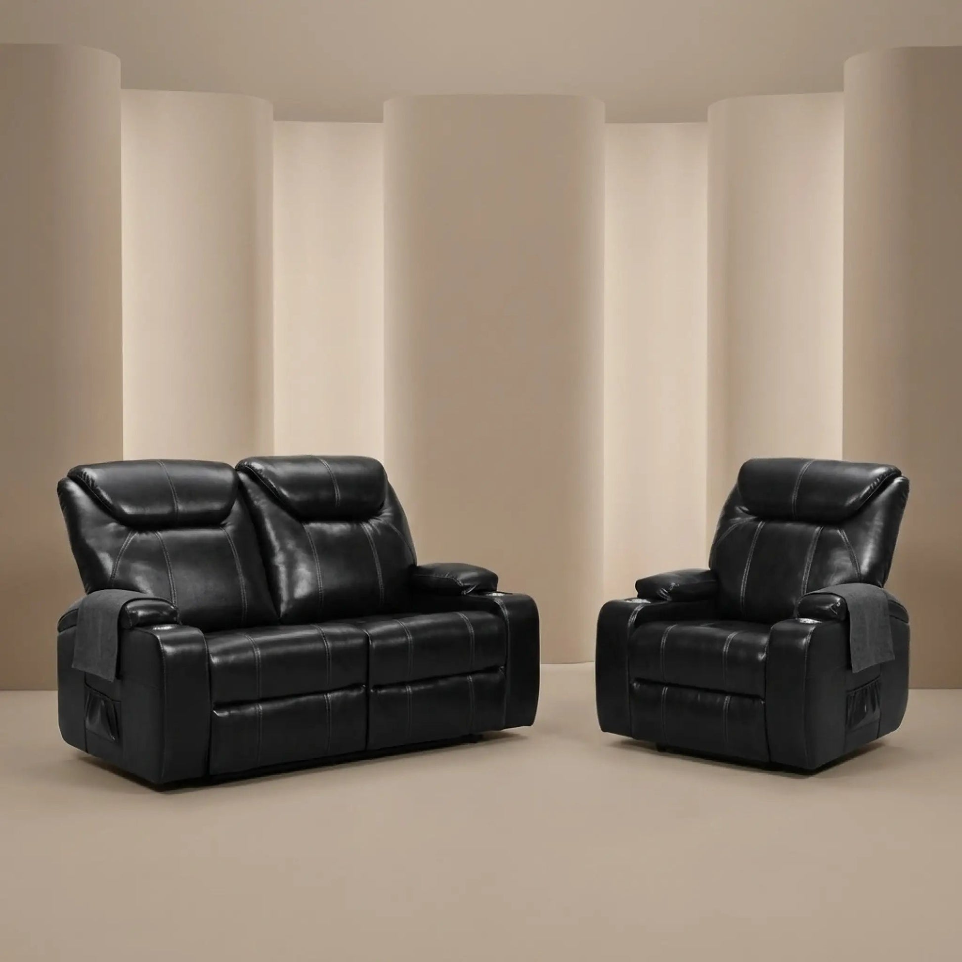 Cinema Black Electric 2+1 Seater Leather Recliner Sofa Set With Two Cup Holders - Furniture Instore