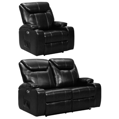 Black leather recliner chair and loveseat set on a white background