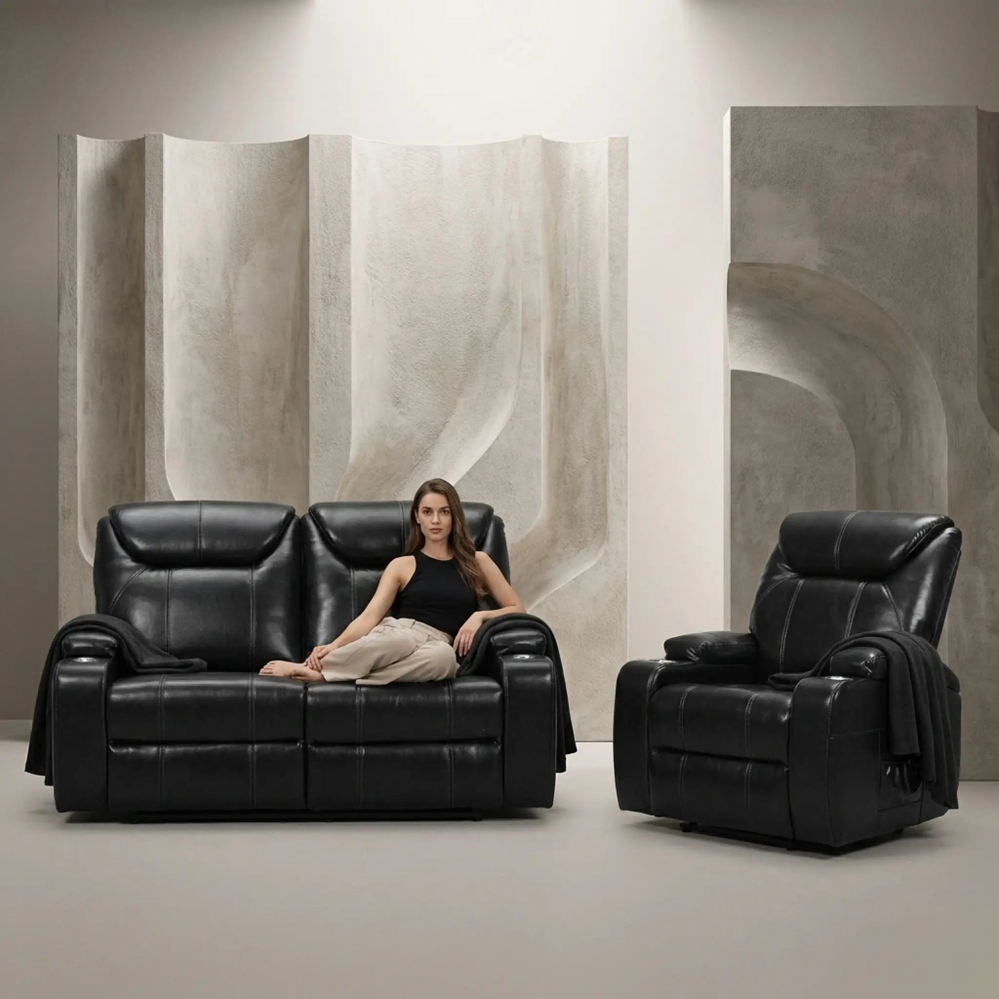 Cinema Black Electric 2+1 Seater Leather Recliner Sofa Set With Two Cup Holders - Furniture Instore
