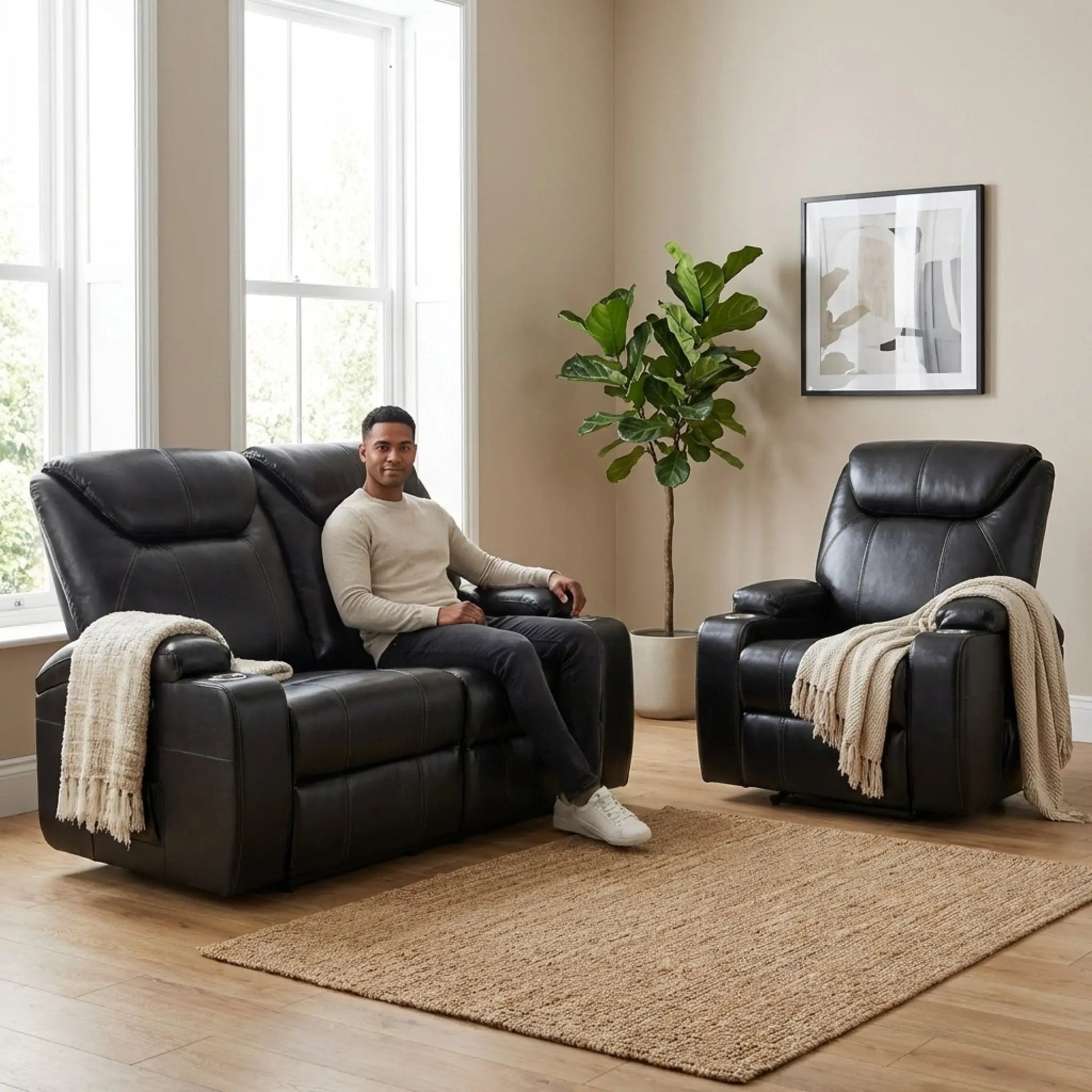 Cinema Black Electric 2+1 Seater Leather Recliner Sofa Set With Two Cup Holders - Furniture Instore