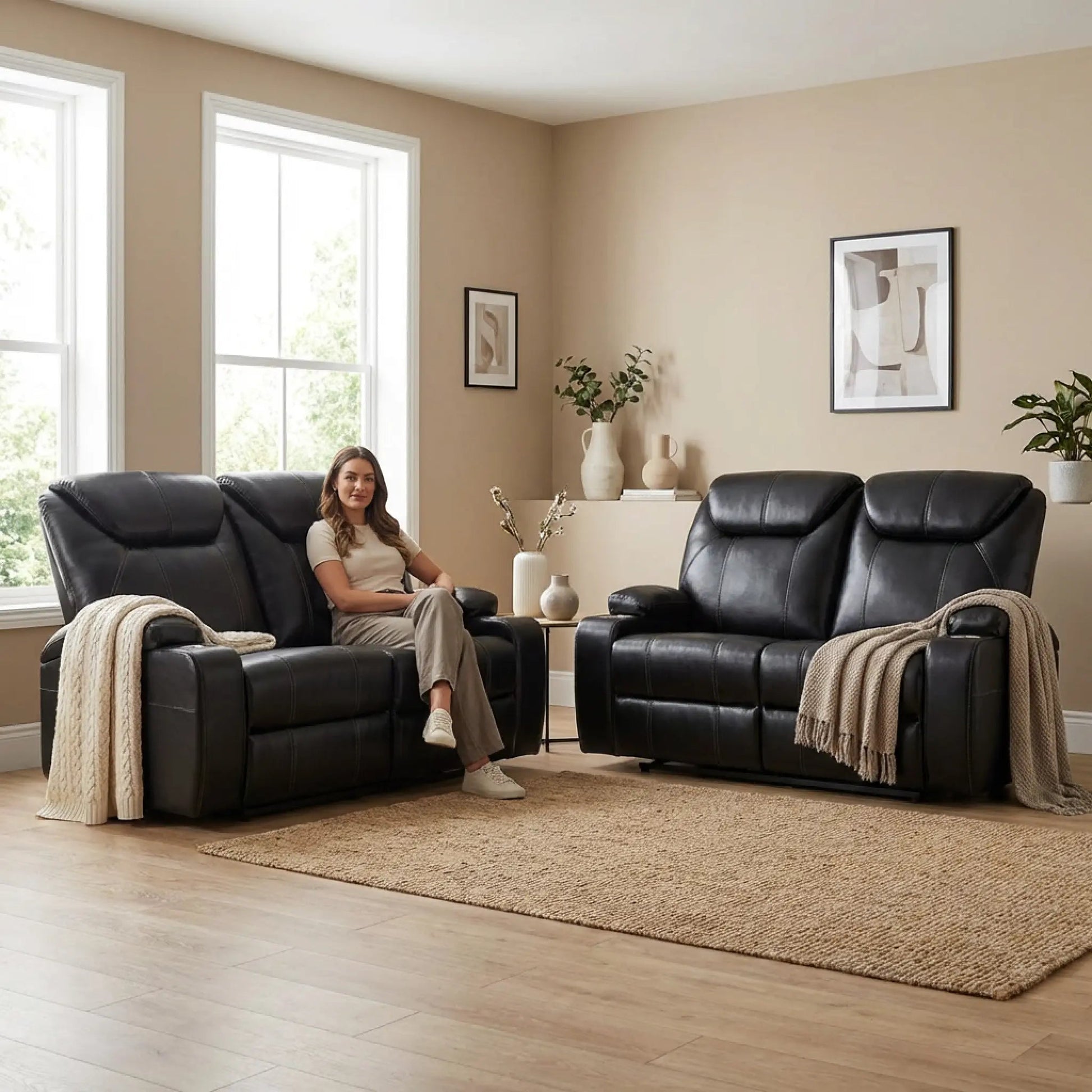 Cinema Black Electric 2+2 Seater Leather Recliner Sofa Set With Two Cup Holders - Furniture Instore