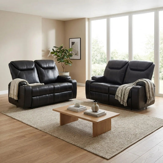 Cinema Black Electric 2+2 Seater Leather Recliner Sofa Set With Two Cup Holders - Furniture Instore