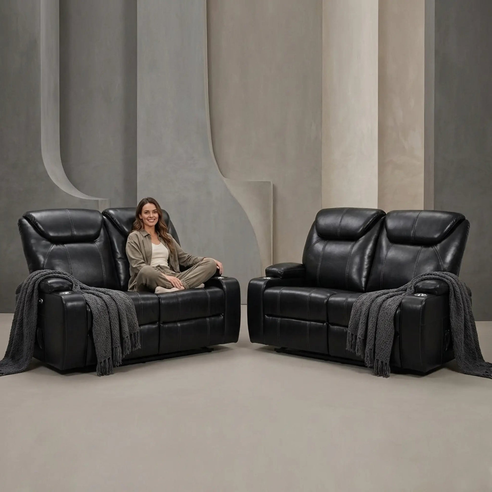 Cinema Black Electric 2+2 Seater Leather Recliner Sofa Set With Two Cup Holders - Furniture Instore