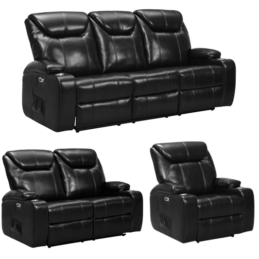 Black leather reclining sofa set on a white background