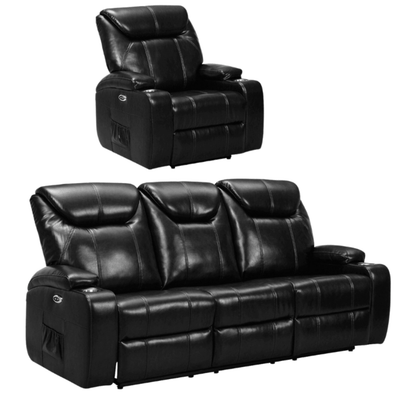 Cinema Black Electric 3+1 Seater Leather Recliner Sofa Set With Two Cup Holders