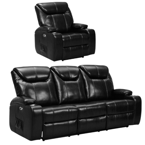 Cinema Black Electric 3+1 Seater Leather Recliner Sofa Set With Two Cup Holders