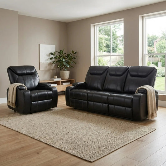 Cinema Black Electric 3+1 Seater Leather Recliner Sofa Set With Two Cup Holders - Furniture Instore