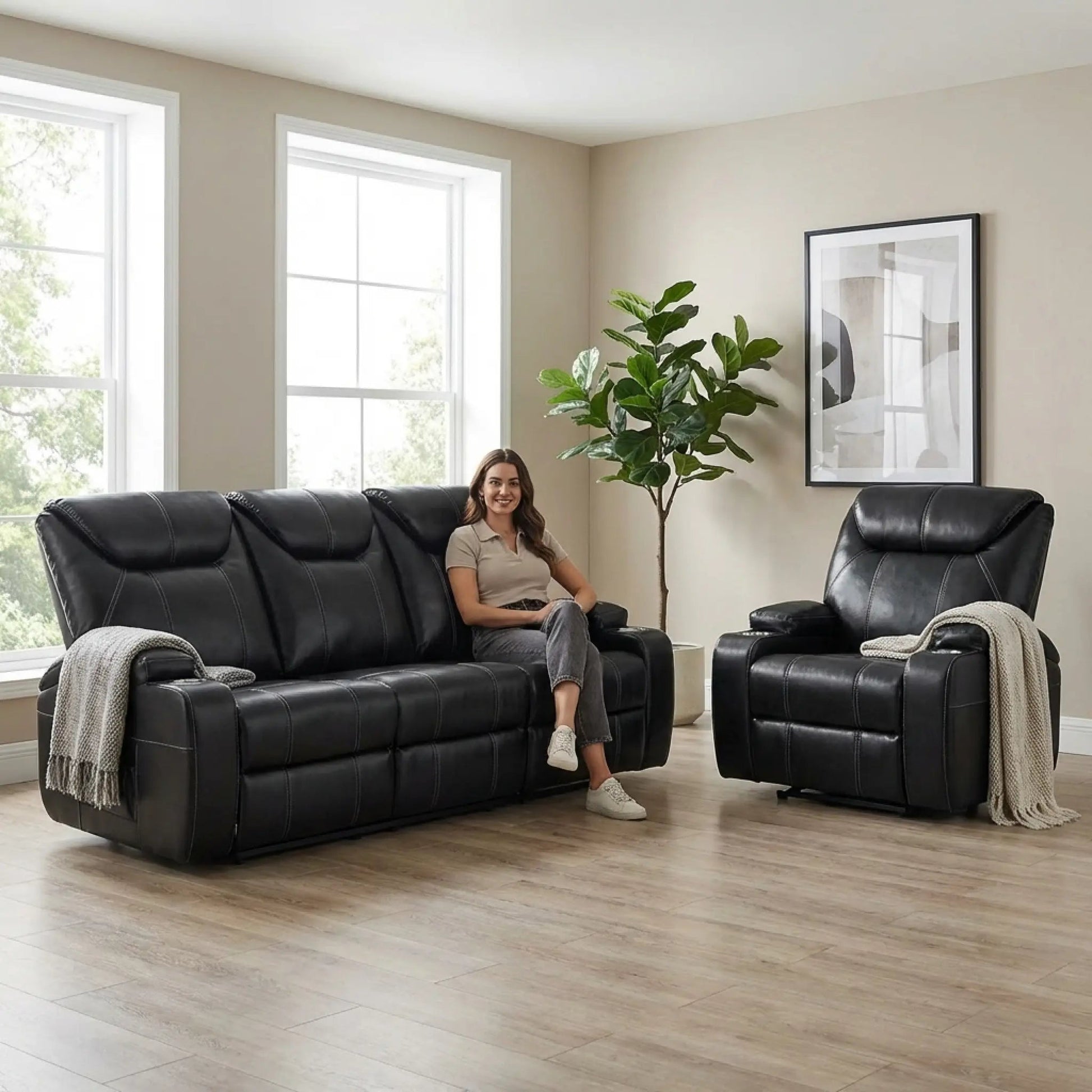 Cinema Black Electric 3+1 Seater Leather Recliner Sofa Set With Two Cup Holders - Furniture Instore