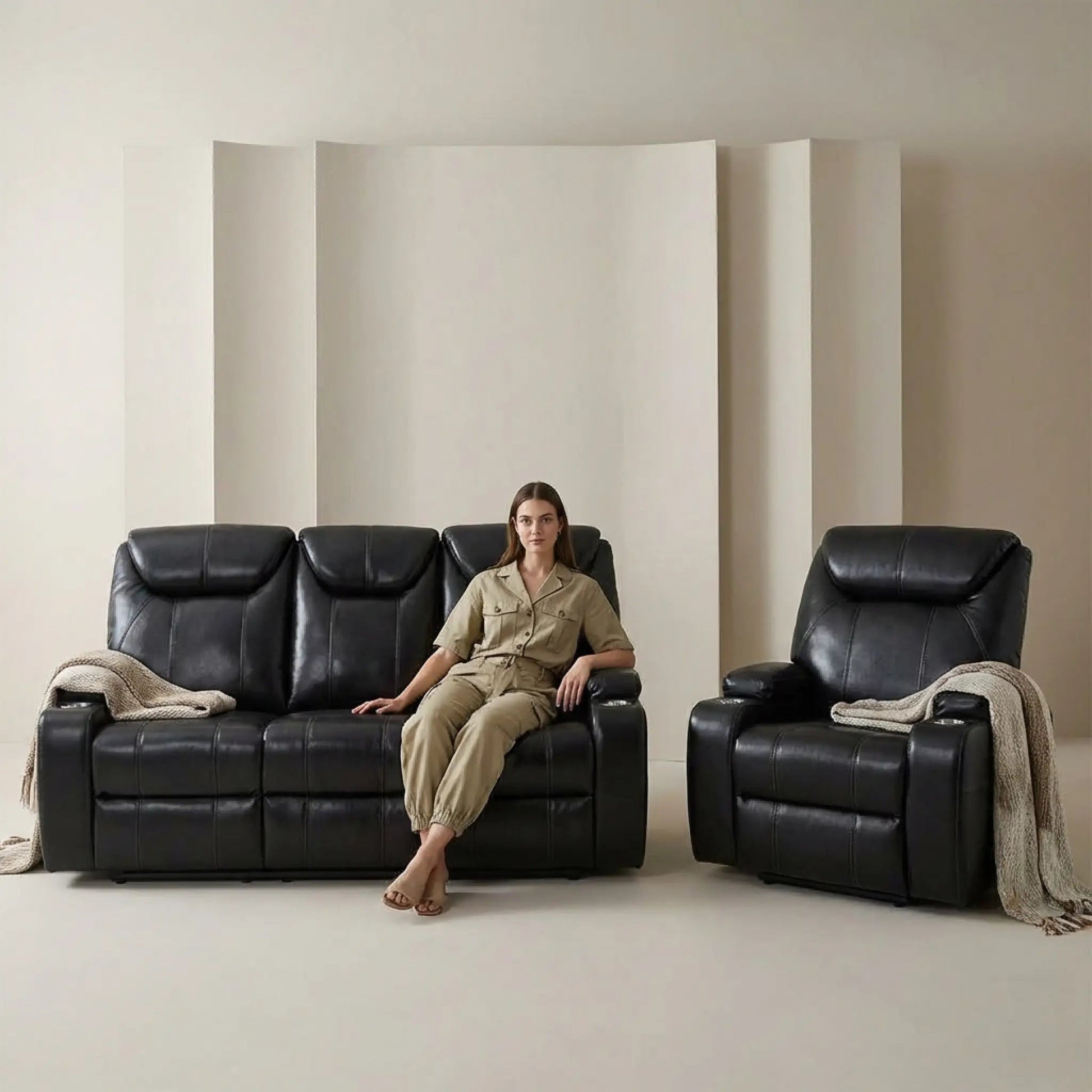 Cinema Black Electric 3+1 Seater Leather Recliner Sofa Set With Two Cup Holders - Furniture Instore