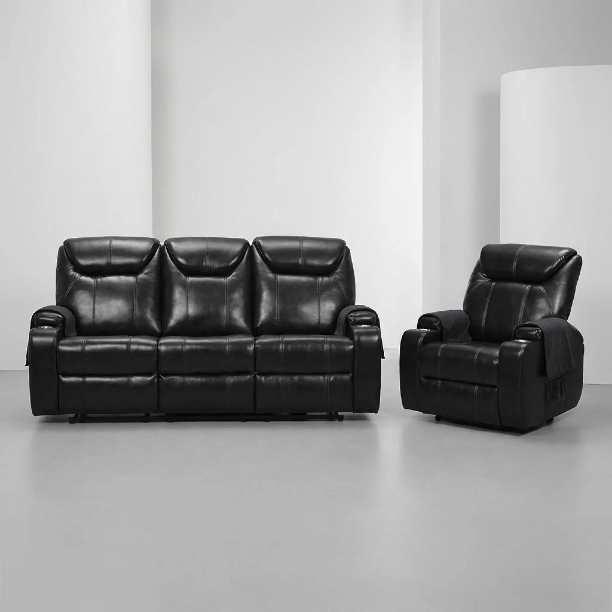Cinema Black Electric 3+1 Seater Leather Recliner Sofa Set With Two Cup Holders - Furniture Instore