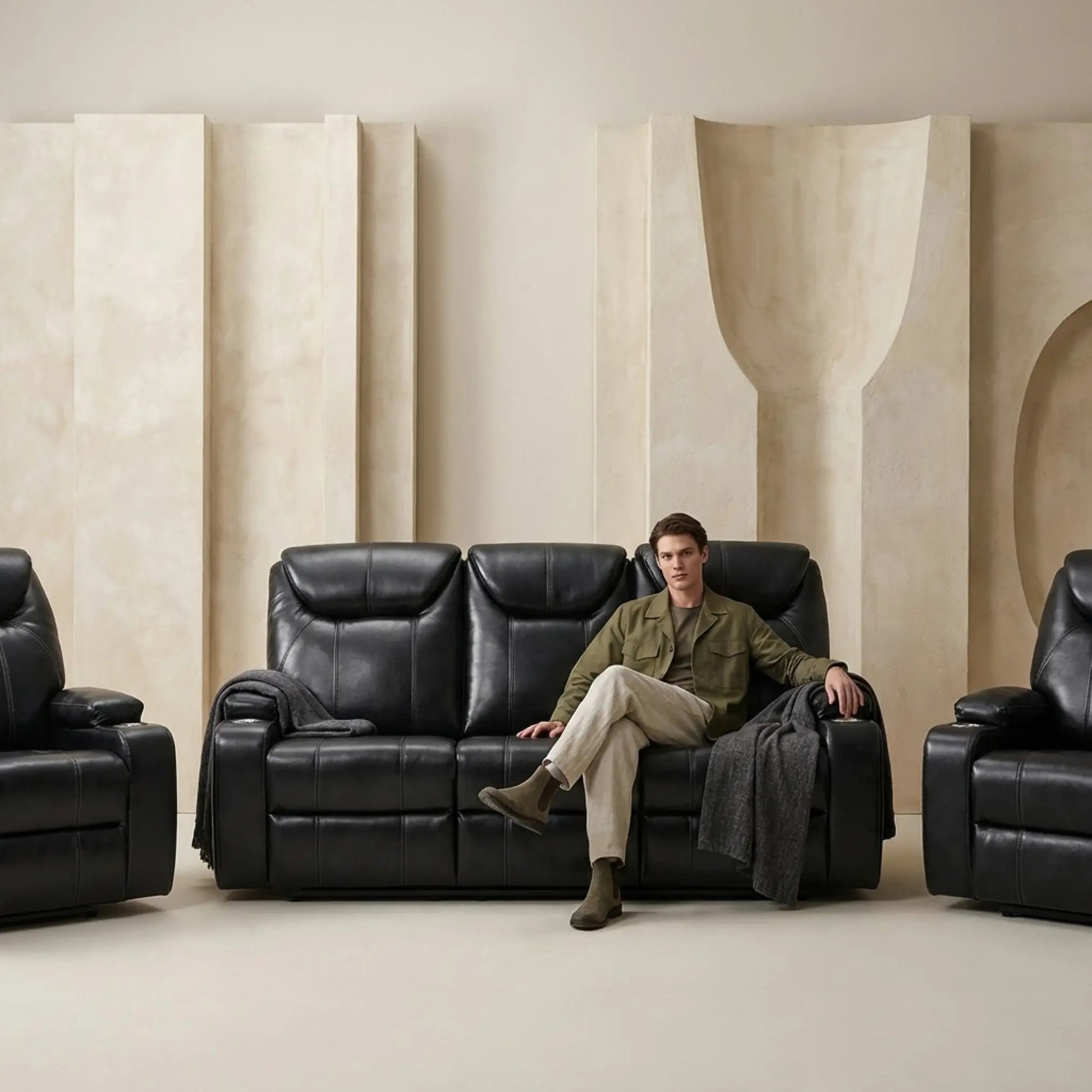 Cinema Black Electric 3+1+1 Seater Leather Recliner Sofa Set With Two Cup Holders - Furniture