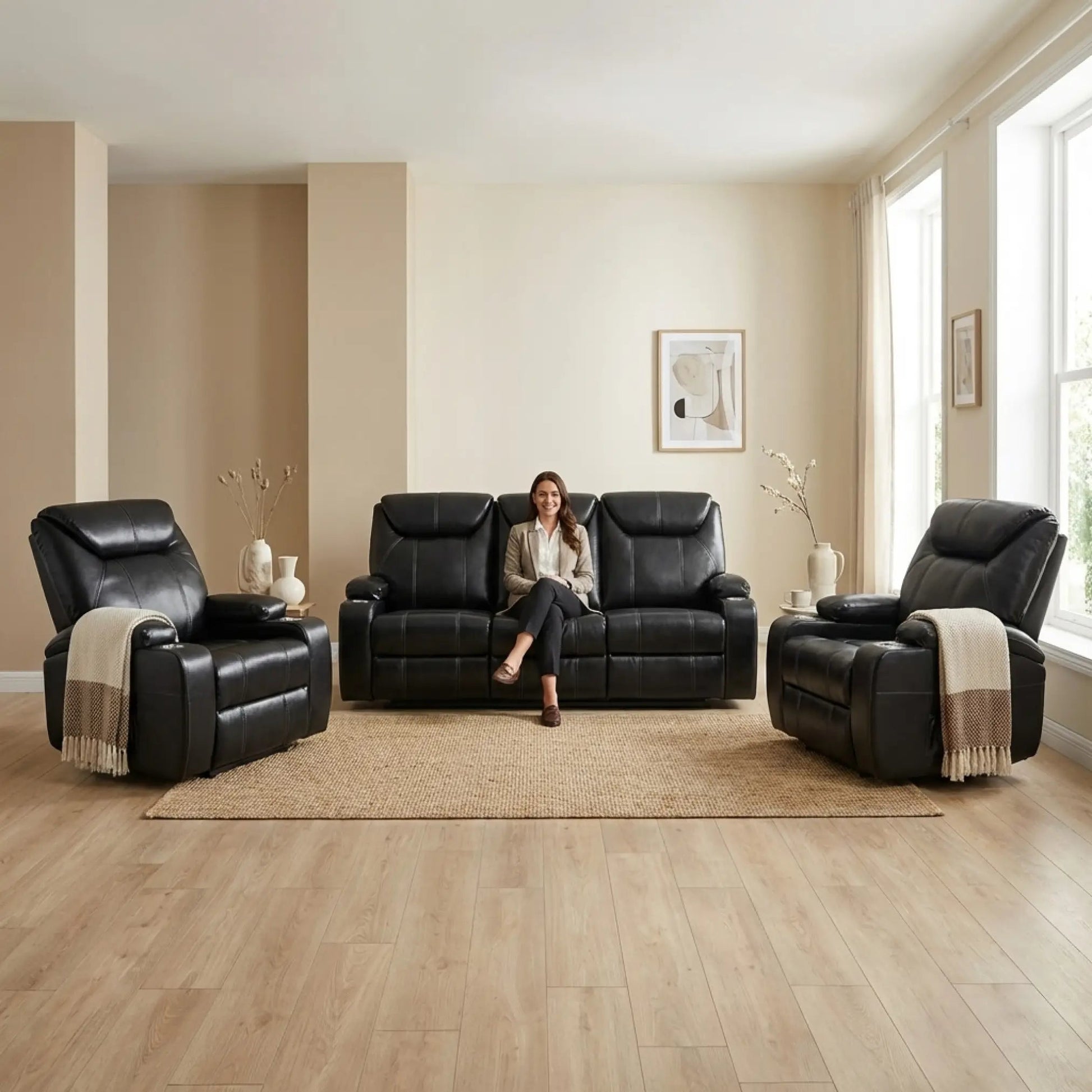 Cinema Black Electric 3+1+1 Seater Leather Recliner Sofa Set With Two Cup Holders - Furniture