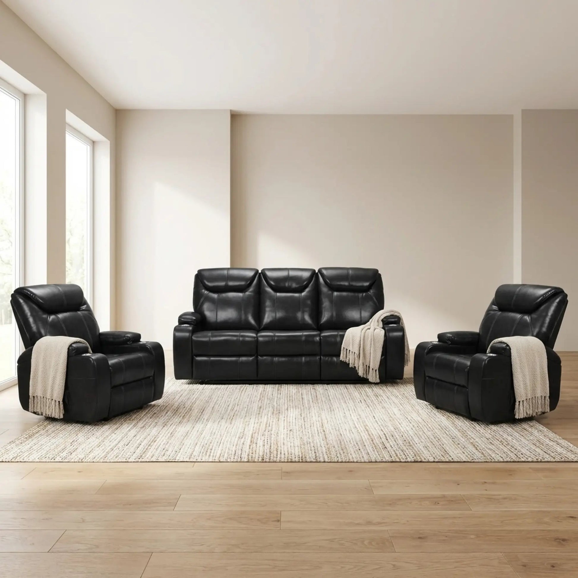Cinema Black Electric 3+1+1 Seater Leather Recliner Sofa Set With Two Cup Holders - Furniture