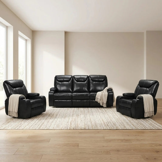 Cinema Black Electric 3+1+1 Seater Leather Recliner Sofa Set With Two Cup Holders - Furniture Instore
